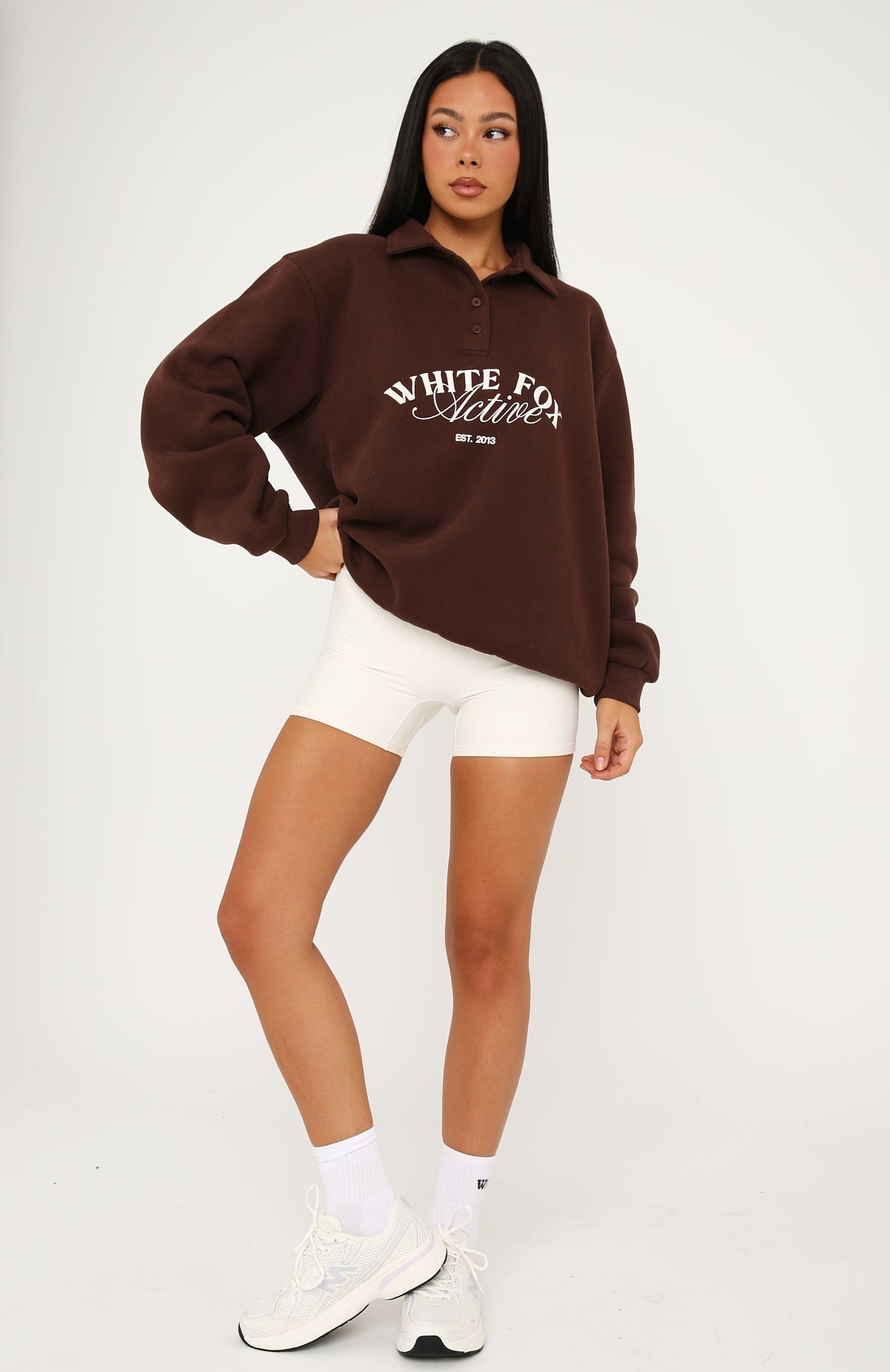 White Fox Far Away Oversized Henley Sweater Dark Chocolate
