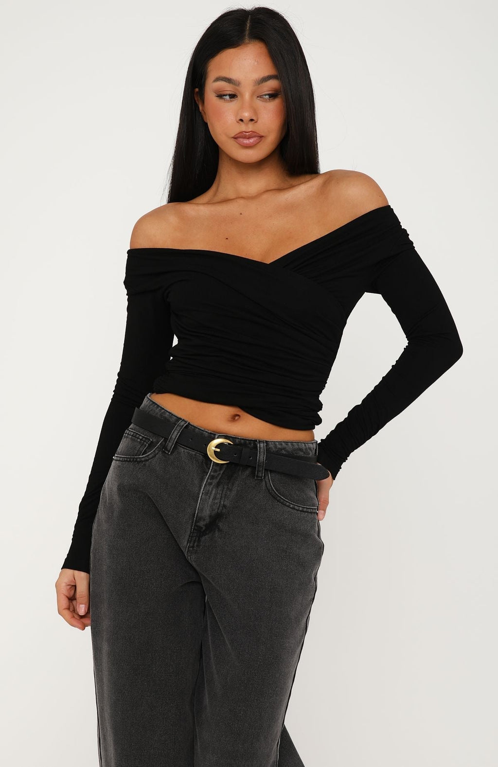 White Fox Sparks Fly Cinched Waist Off Shoulder Long Sleeve Top Black