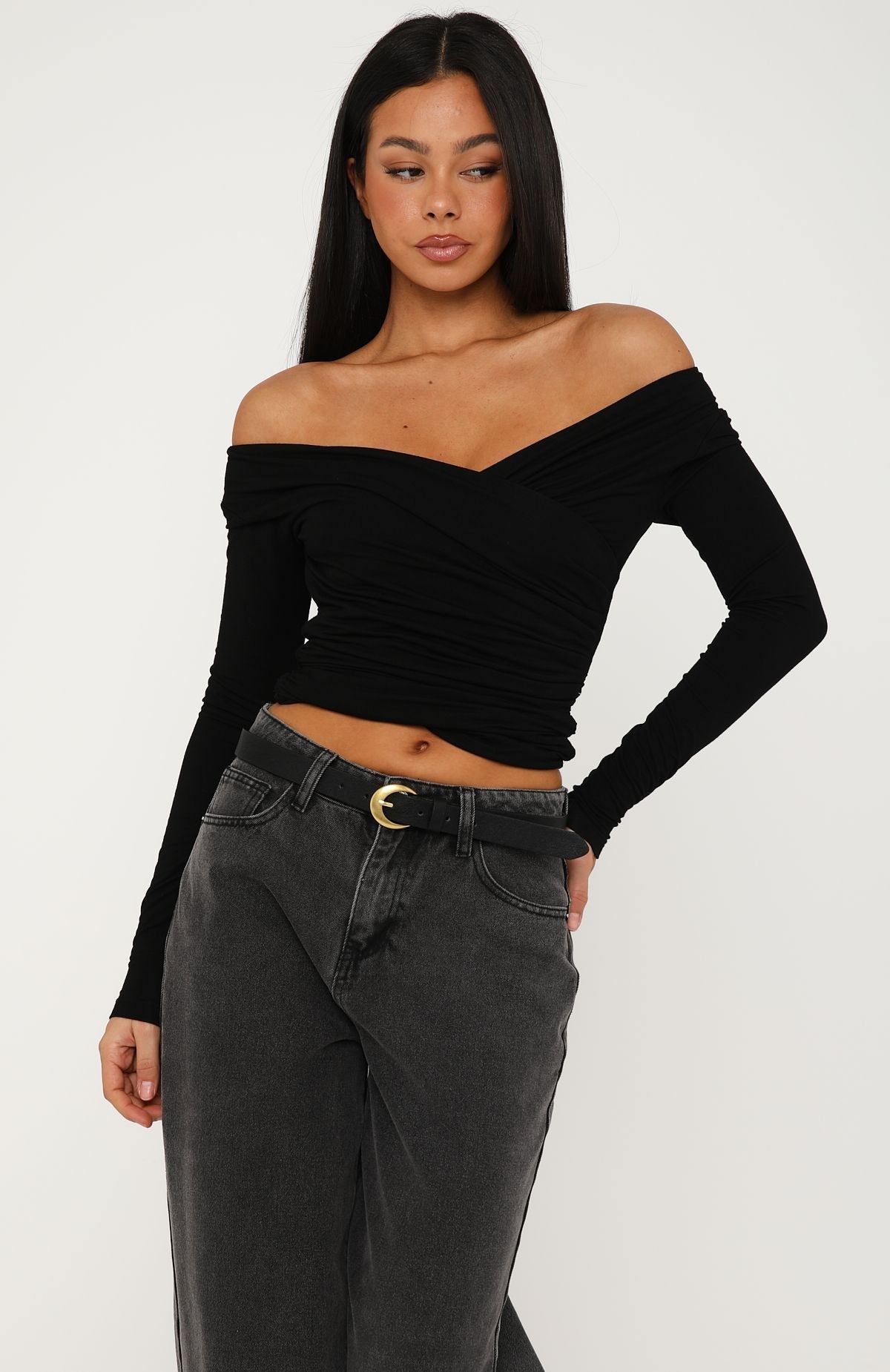 White Fox Sparks Fly Cinched Waist Off Shoulder Long Sleeve Top Black