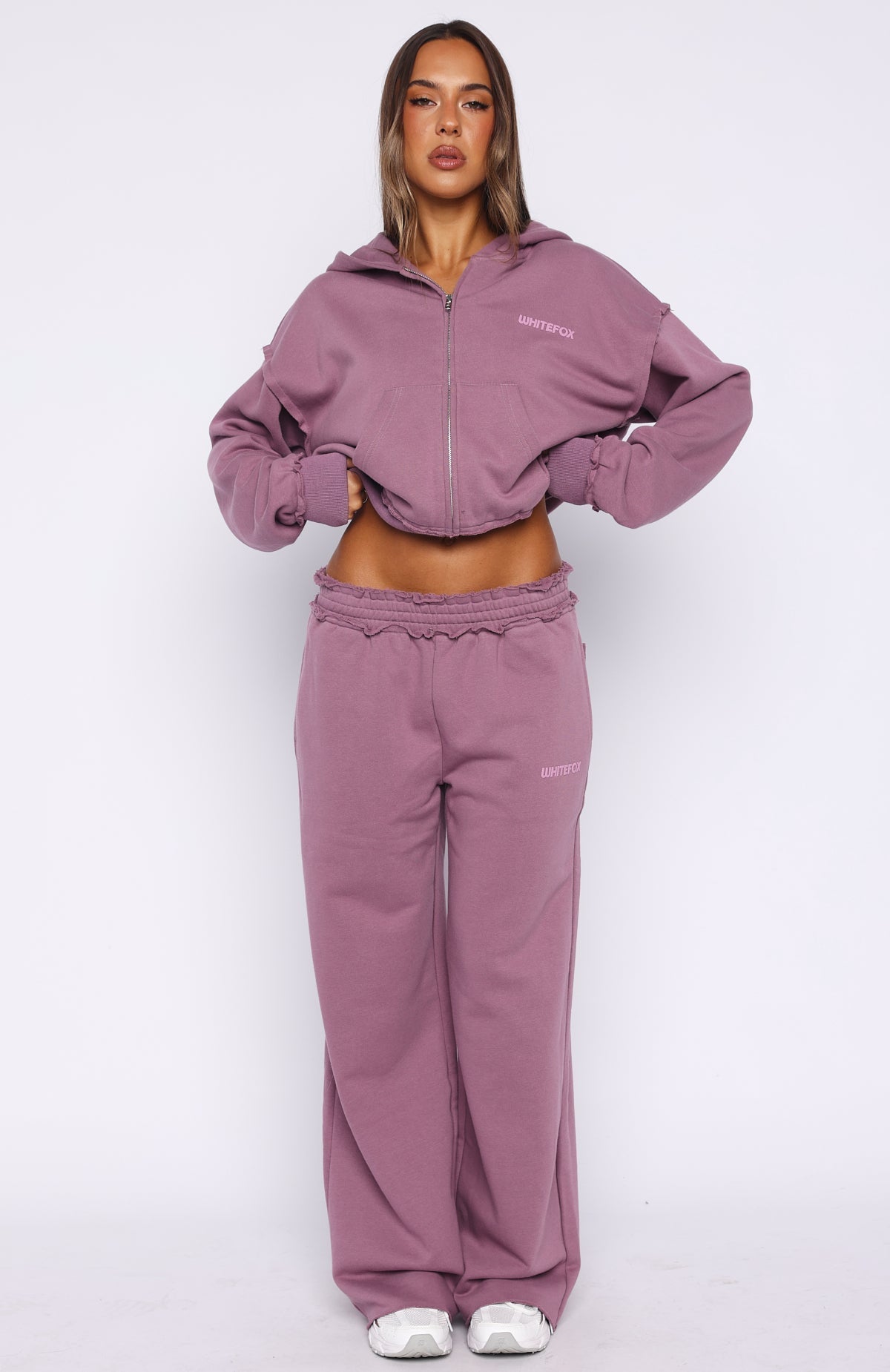 White Fox On My Own Terms Boxy Zip Front Hoodie Dusty Plum