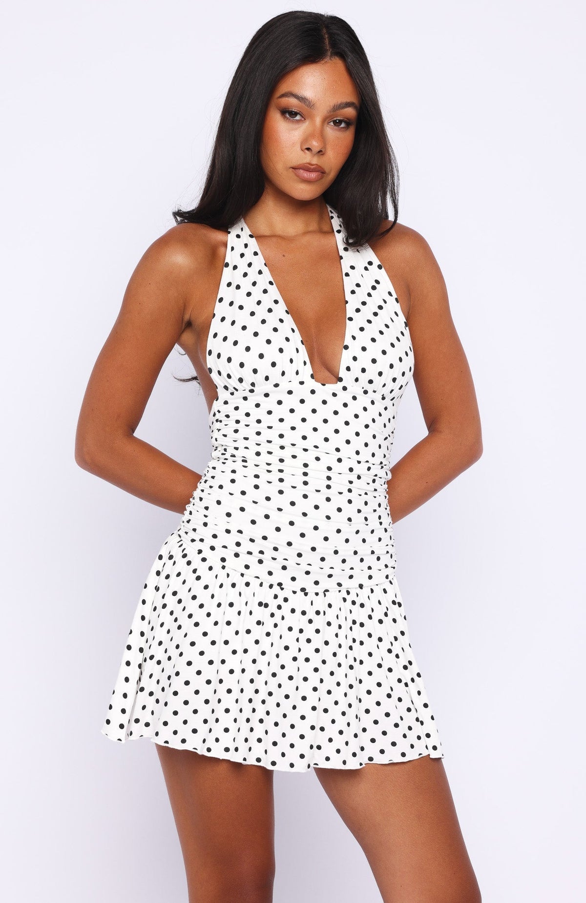 White Fox Whispered Dreams Halter Mini Dress White/Black Polka Dot