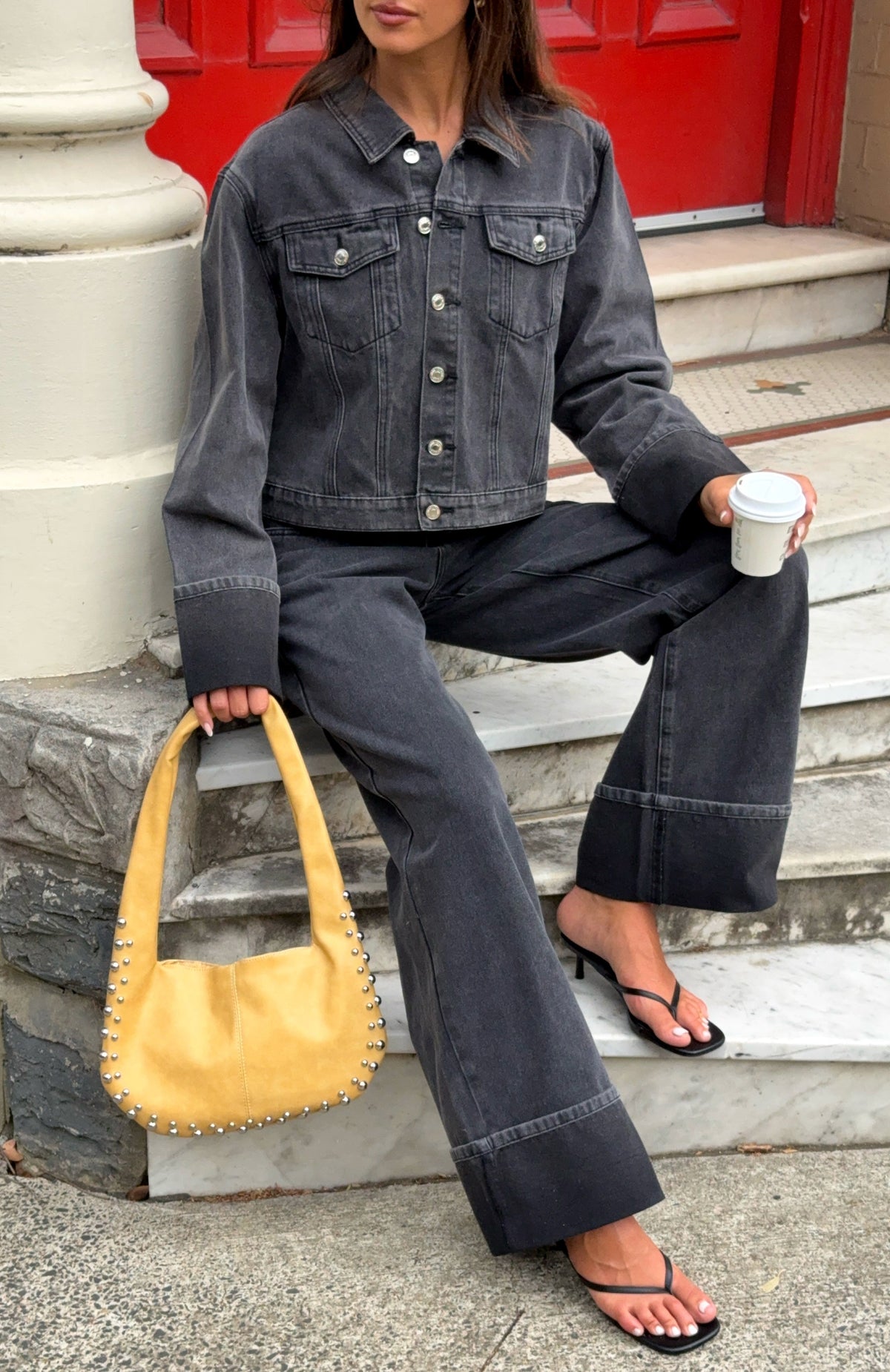 White Fox Charlotte Mid Rise Wide Leg Jeans Black Acid