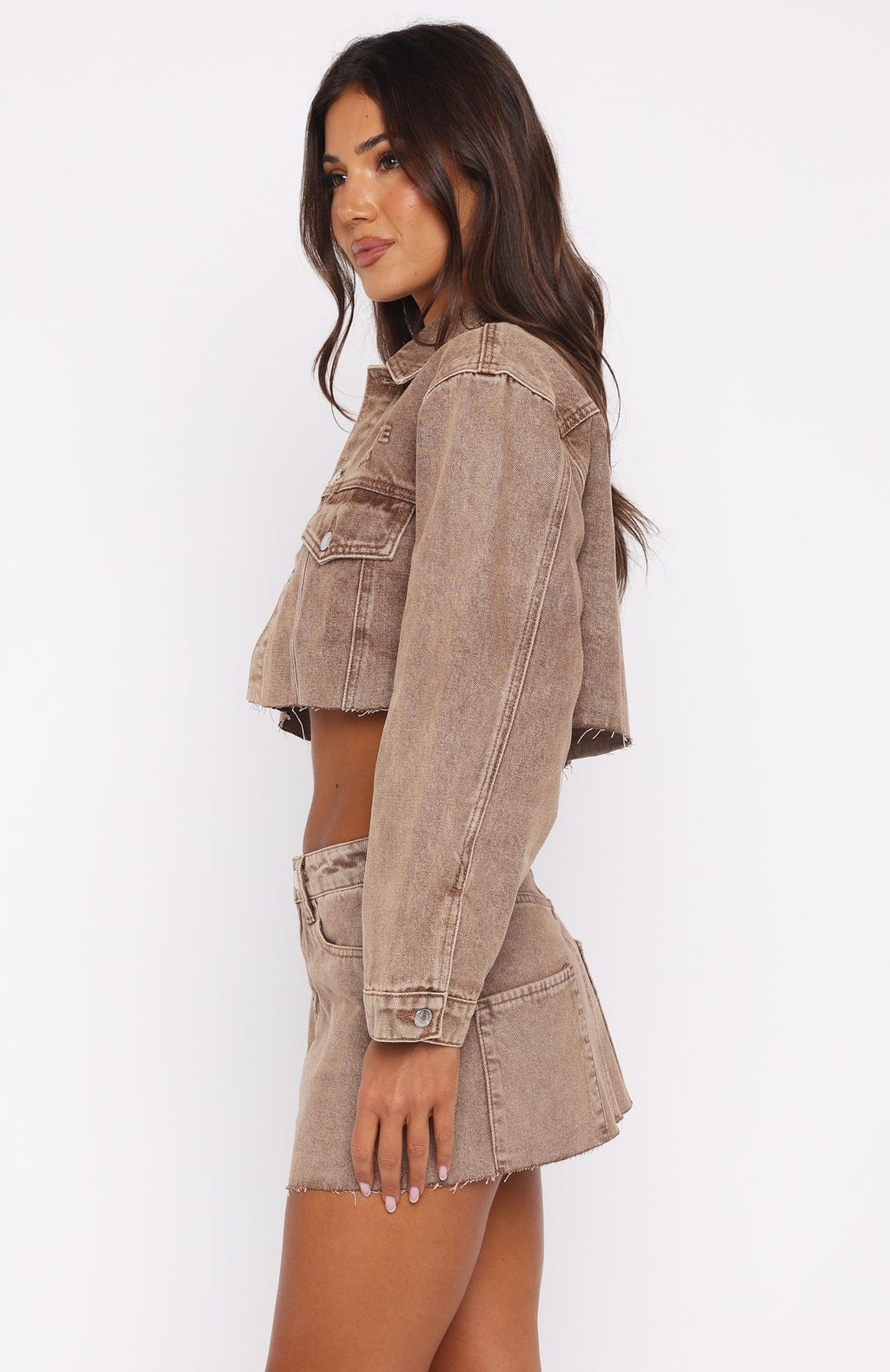 White Fox Something To Prove Cropped Denim Jacket Tan Wash