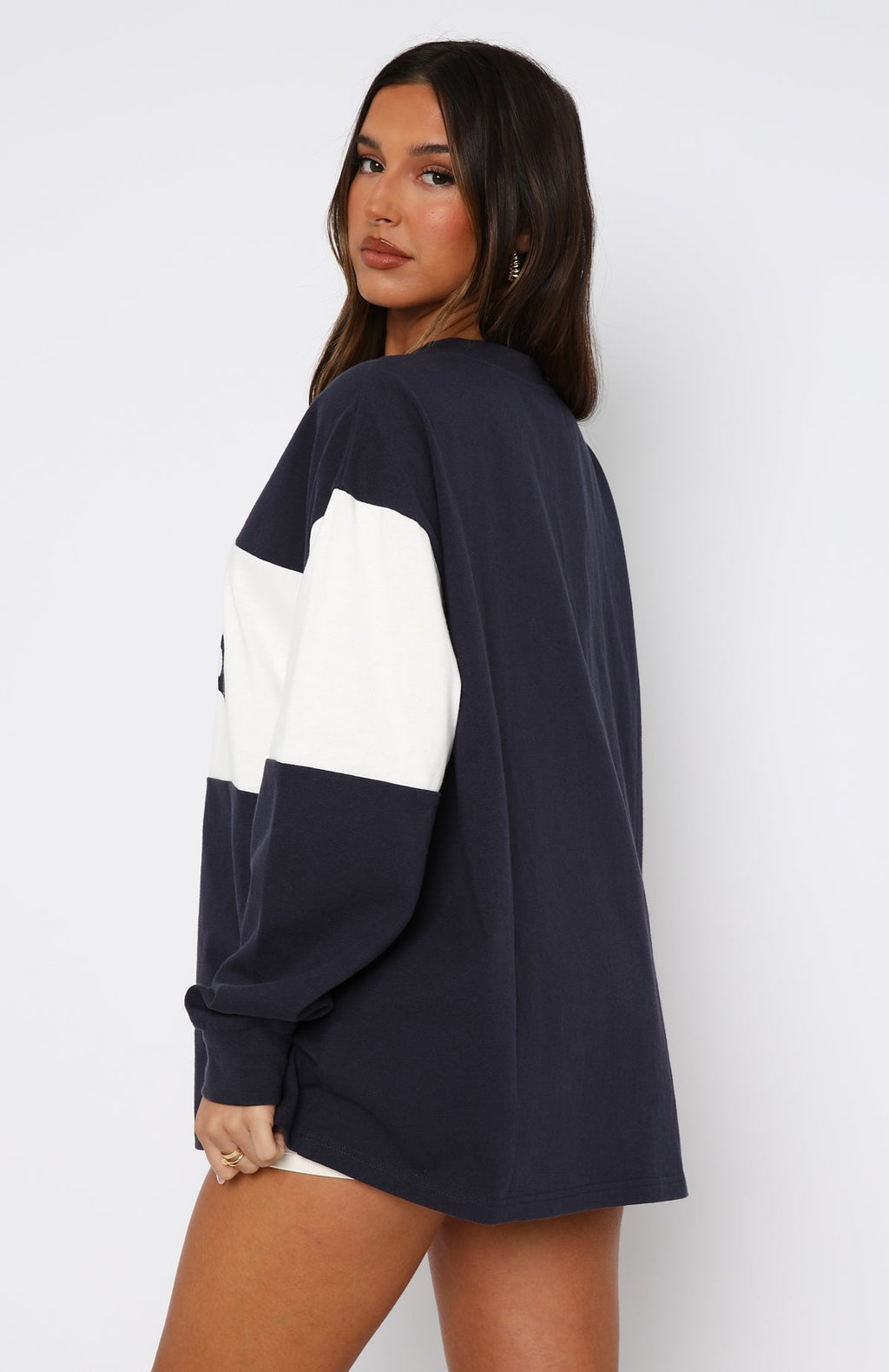 White Fox Need You More Long Sleeve Oversized Tee Navy