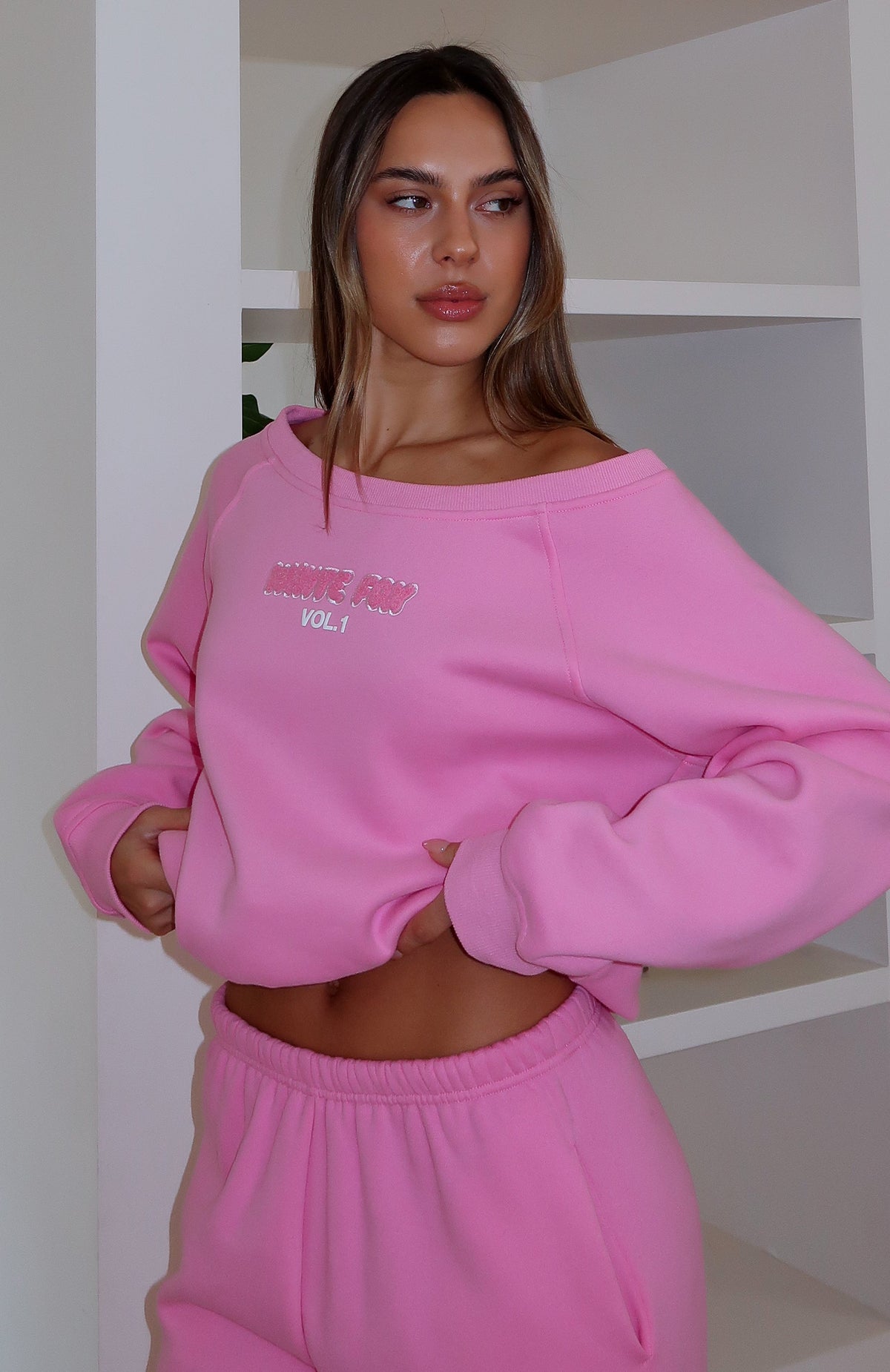 White Fox Vol. 1 Off Shoulder Sweater Bubblegum