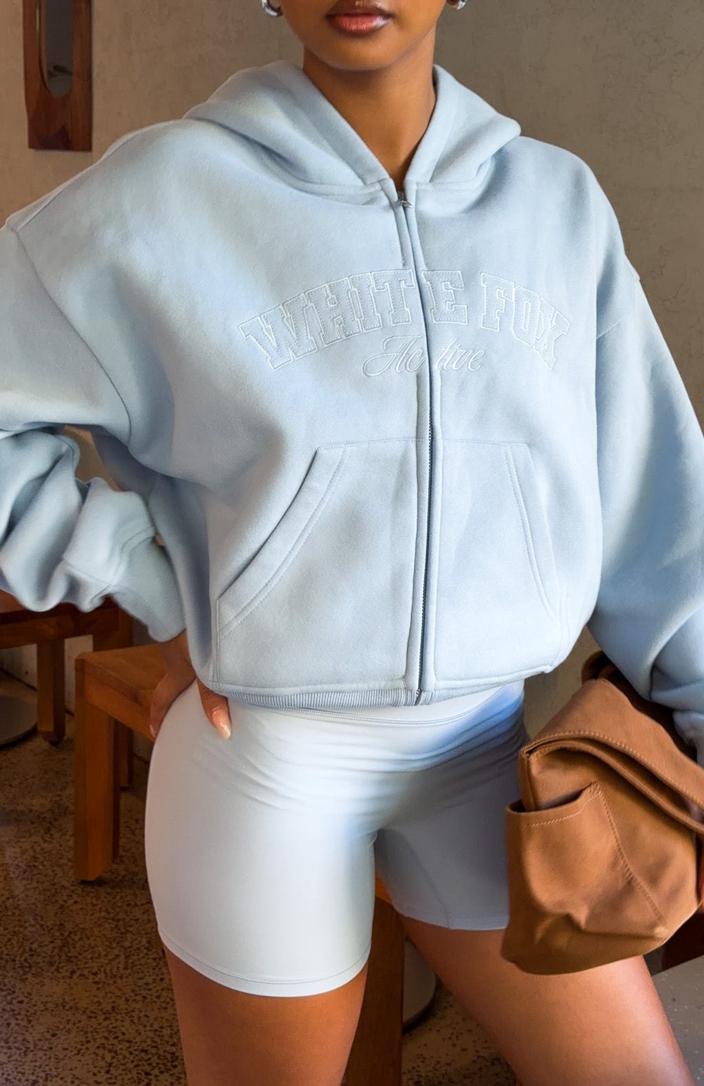 White Fox Quiet Hour Boxy Zip Front Hoodie Icy Blue