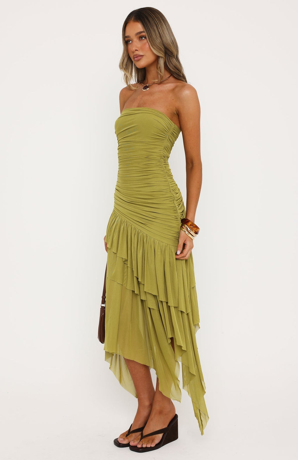 White Fox Venetian Dreams Strapless Midi Dress Matcha