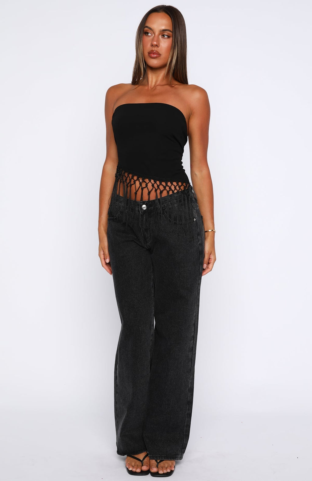 White Fox Sweet As Me Strapless Fringe Top Black