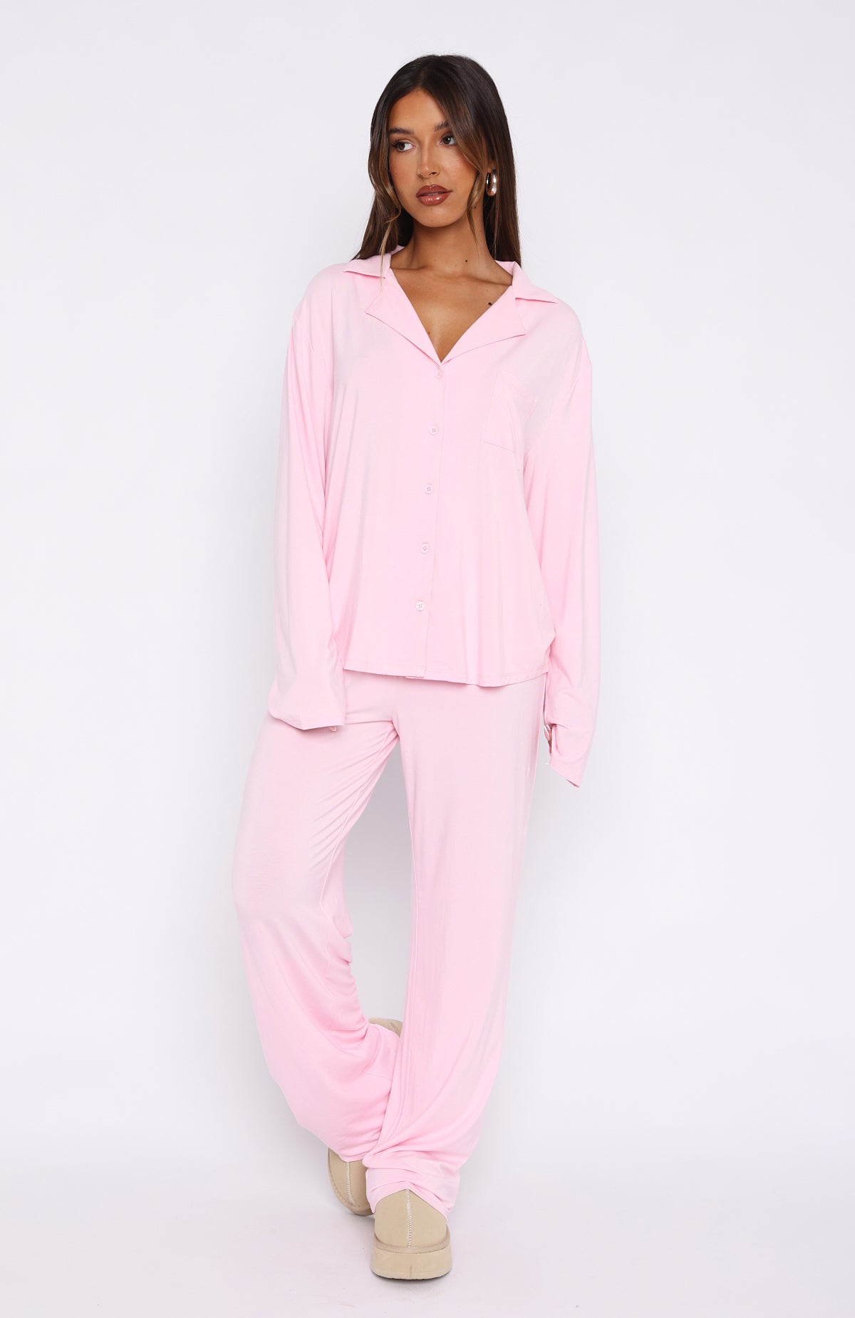 White Fox Pillow Talk Long Sleeve Pyjama Set Baby Pink