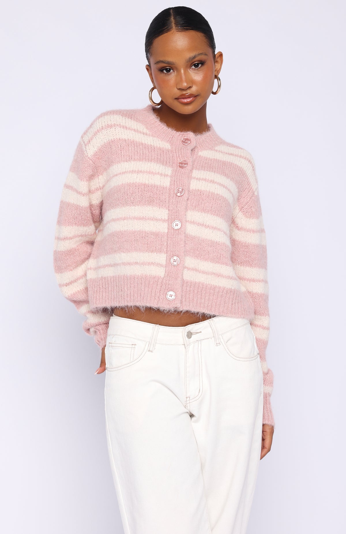 White Fox Ice Bae Stripe Knit Cardigan Strawberry Cream Stripe