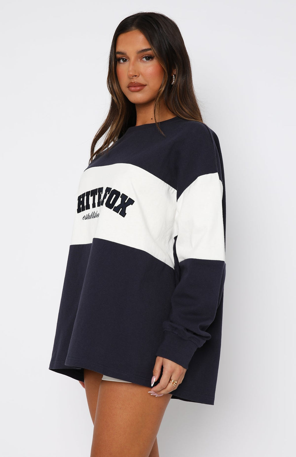 White Fox Need You More Long Sleeve Oversized Tee Navy