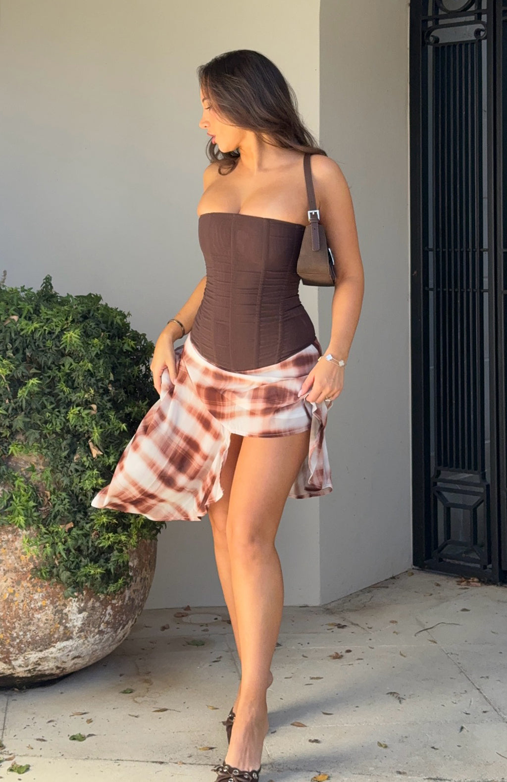 White Fox Crazy Romantic Midi Skirt Chocolate Plaid