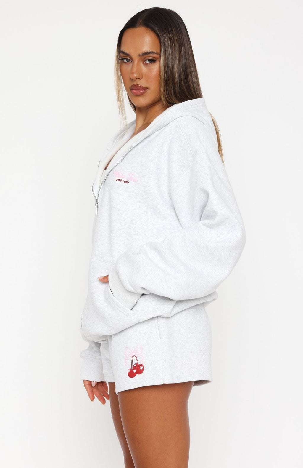 White Fox Fell So Hard Zip Front Hoodie Grey Marle