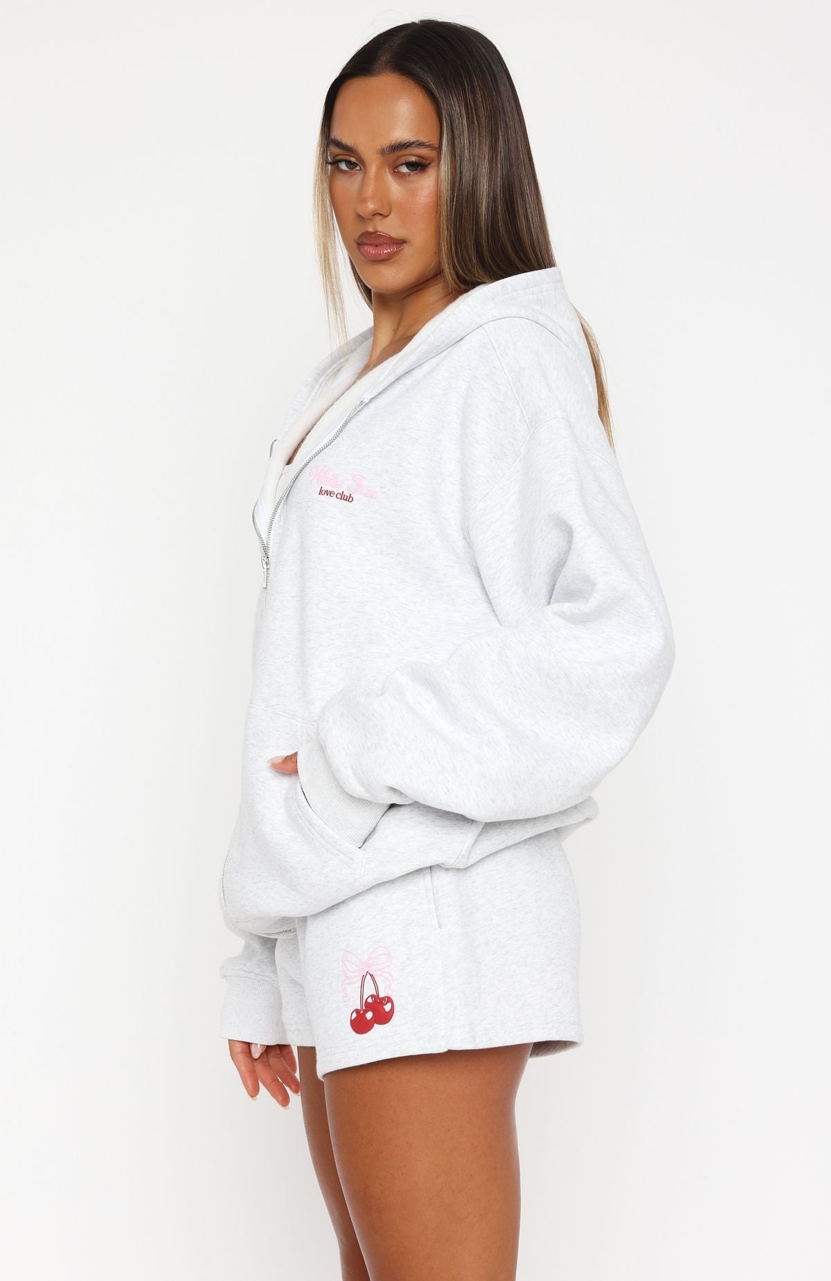White Fox Fell So Hard Zip Front Hoodie Grey Marle