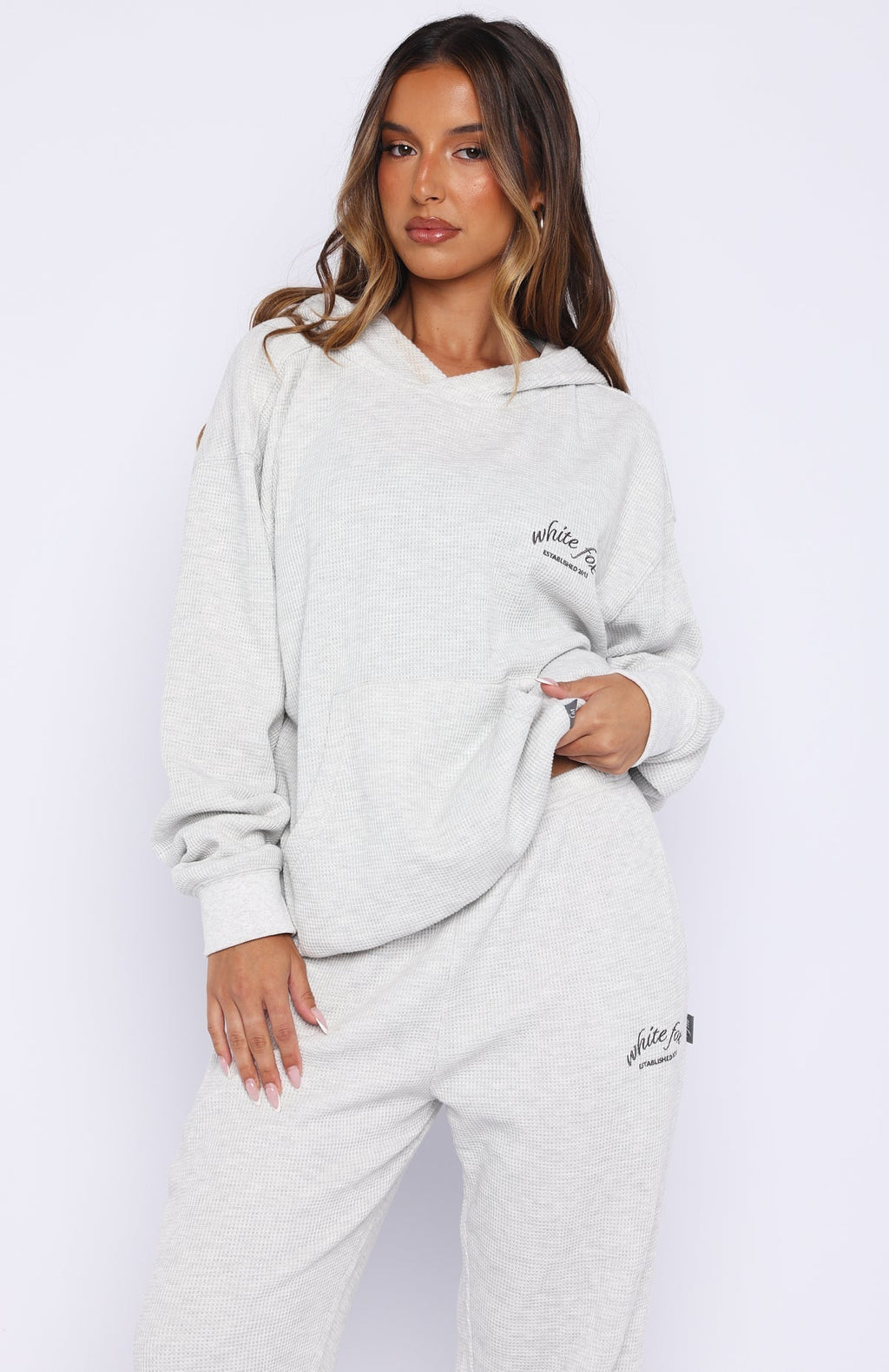 White Fox Moving Out Waffle Oversized Hoodie Light Grey Marle
