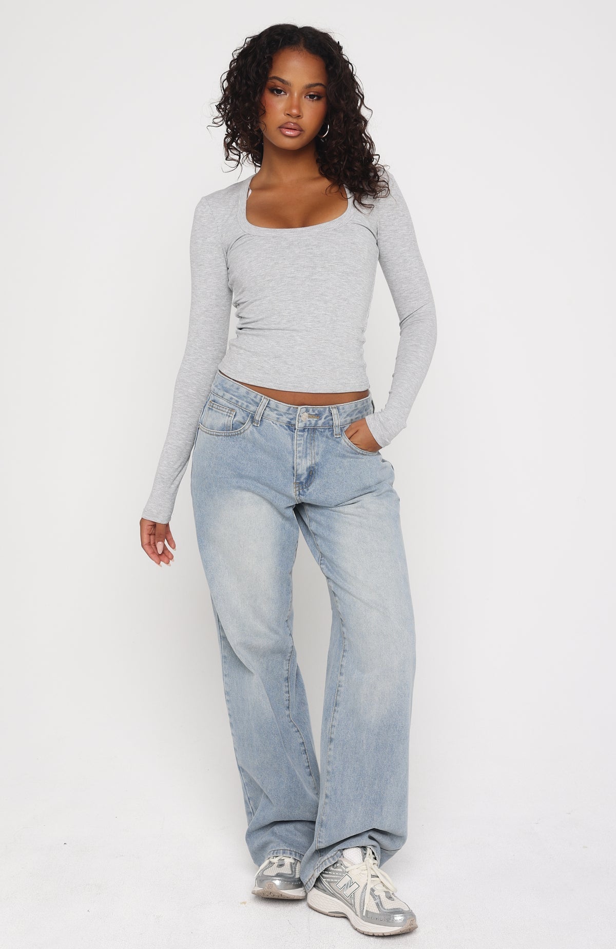White Fox Serenade Her Ribbed Long Sleeve Top Light Grey Marle