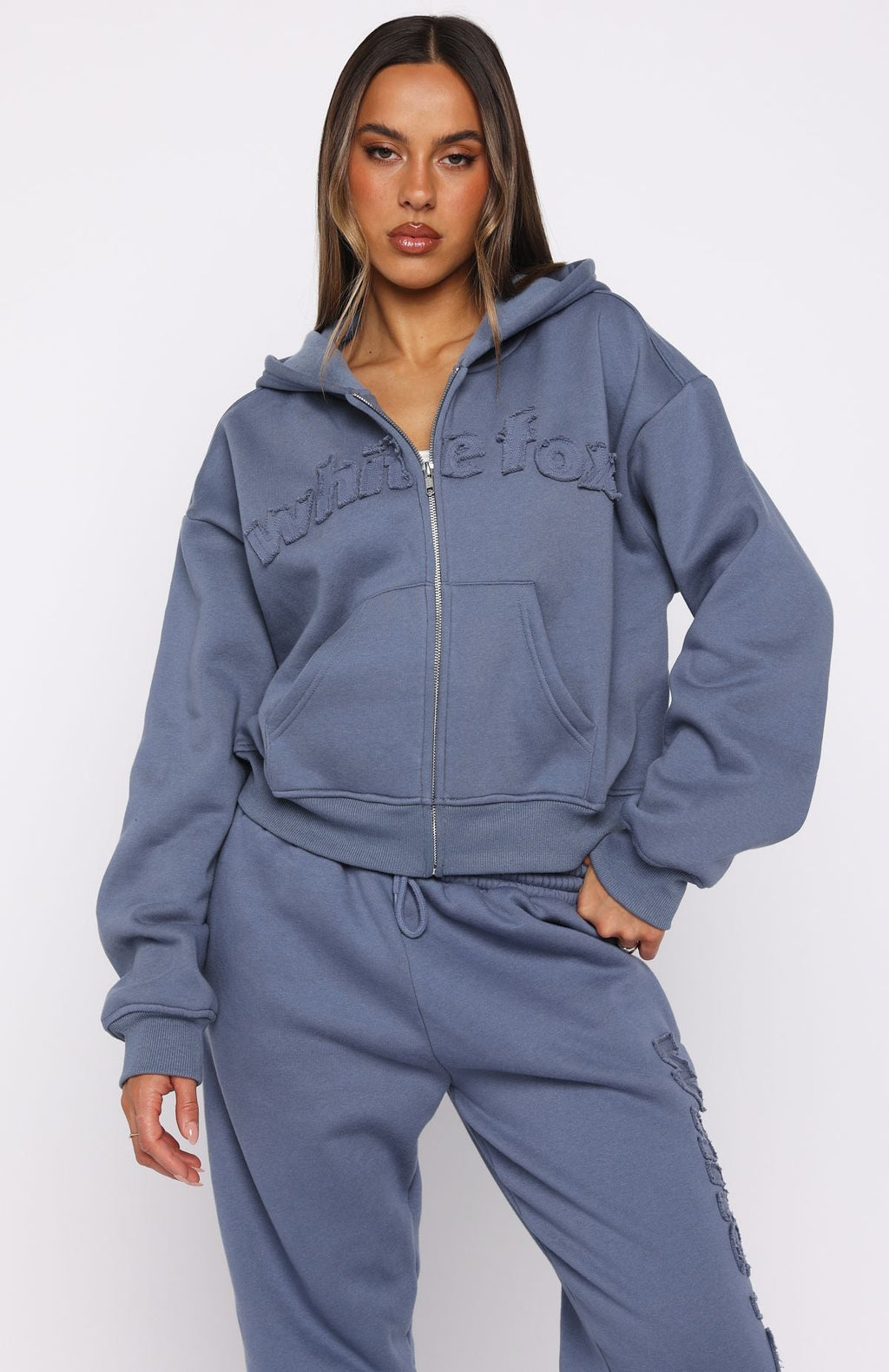 White Fox From The Archives Lexi Boxy Zip Front Hoodie Ocean