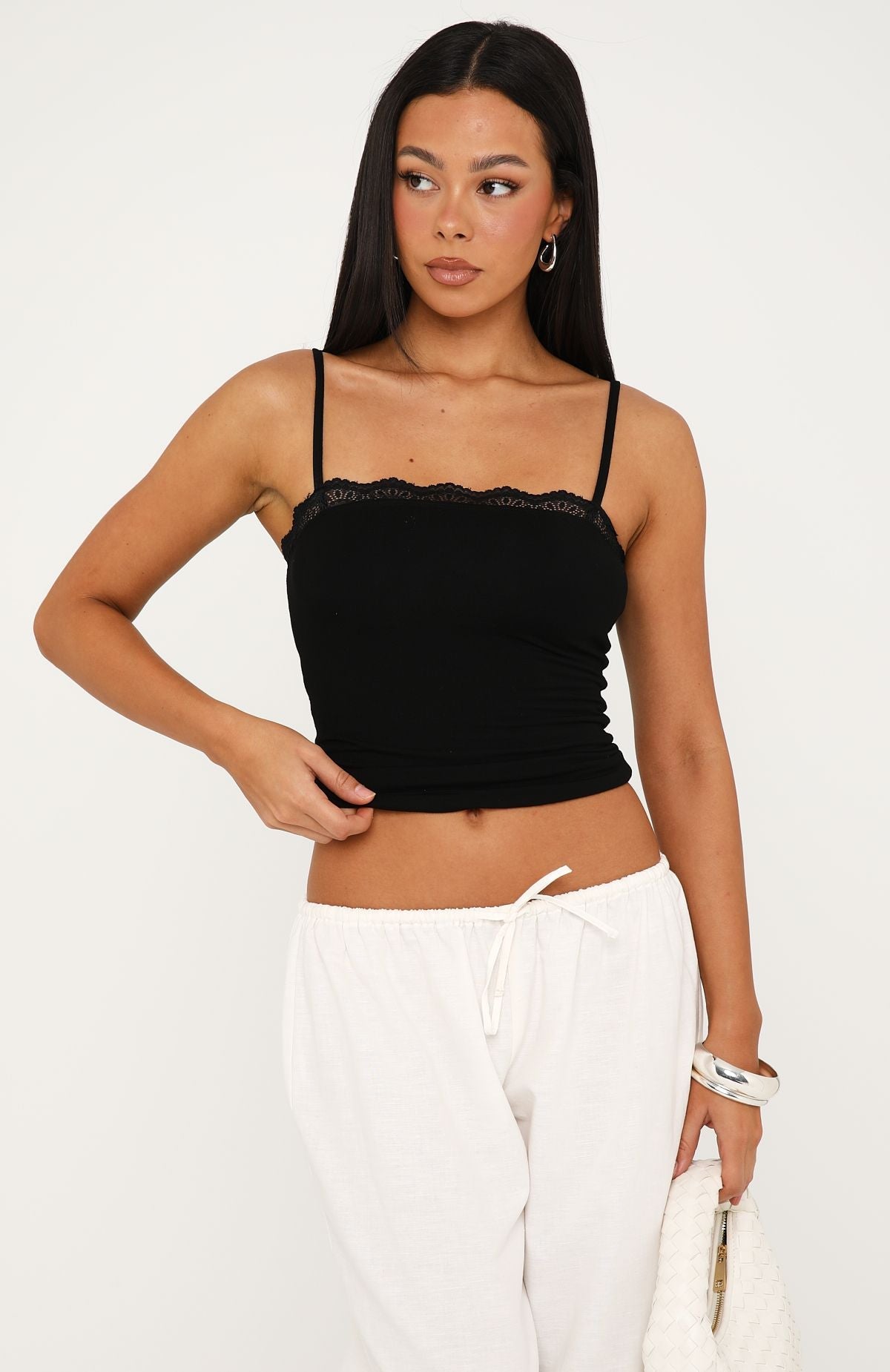 White Fox Easy Love Lace Trim Tank Top Black