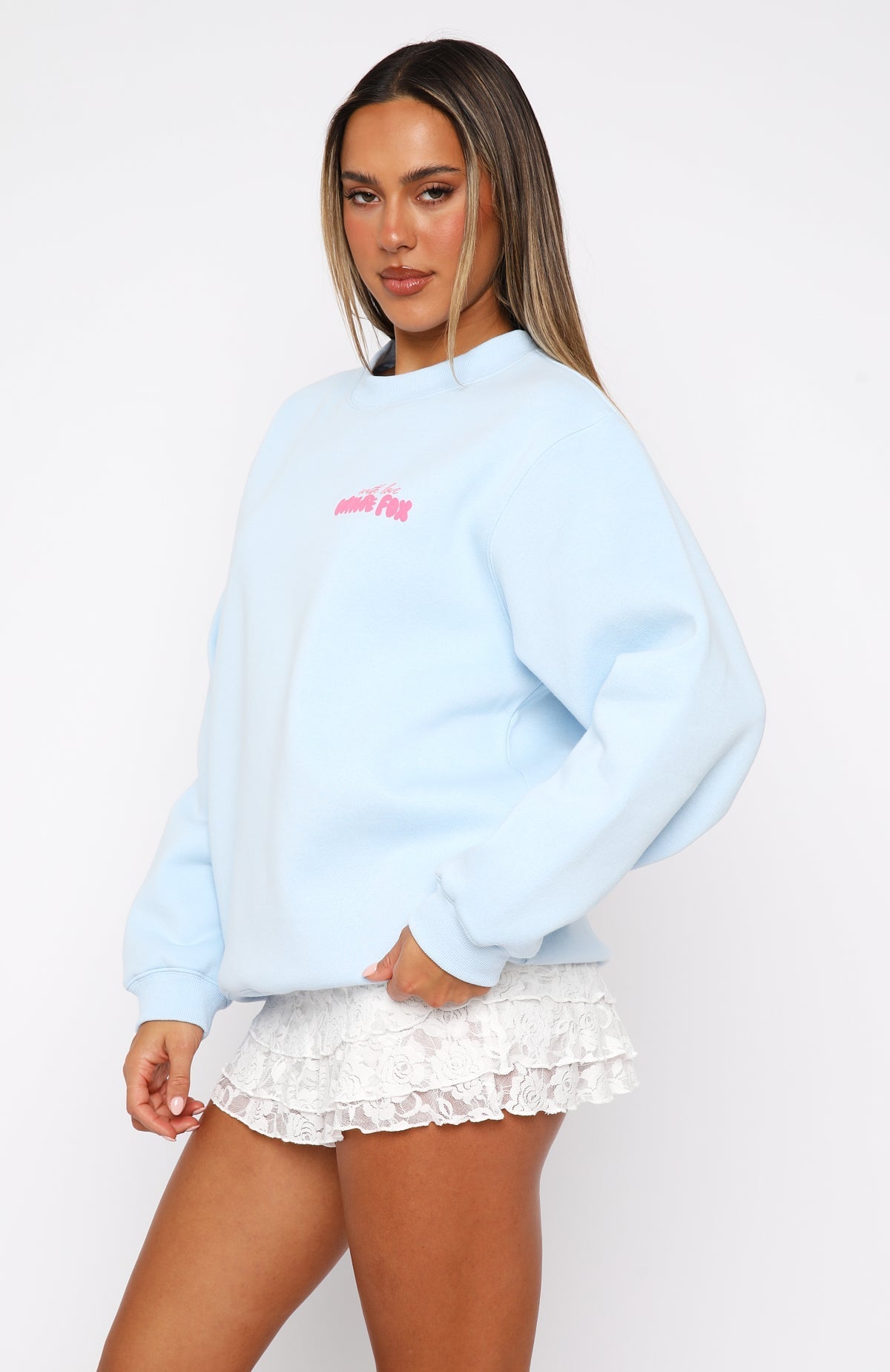 White Fox With Love & Romance Oversized Sweater Baby Blue