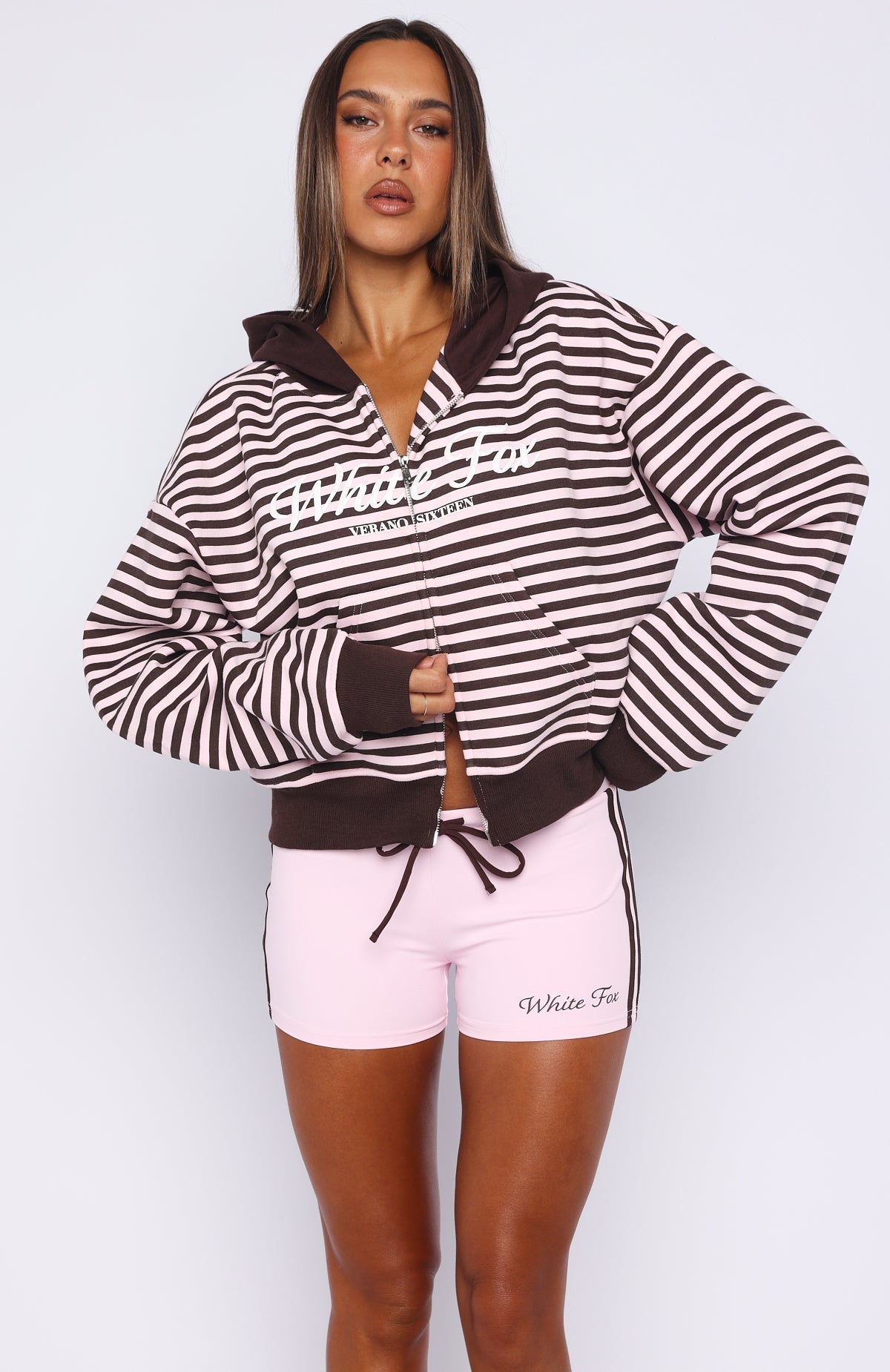 White Fox Verano Sixteen Maria Boxy Zip Front Hoodie Pink/Choc Stripe