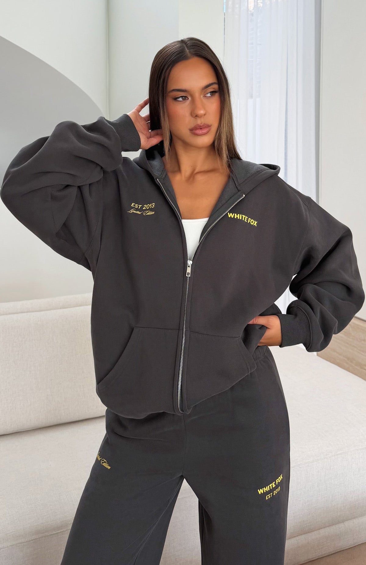 White Fox Proving Myself Wrong Zip Front Hoodie Charcoal
