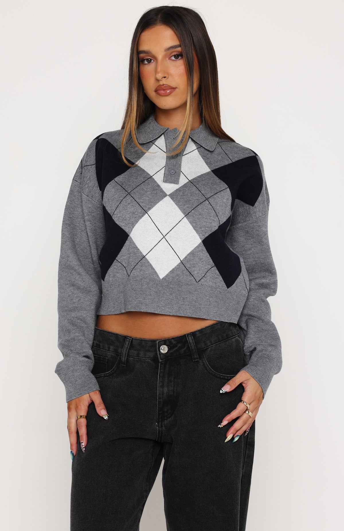 White Fox Cinzia Argyle Knit Sweater Navy Winter
