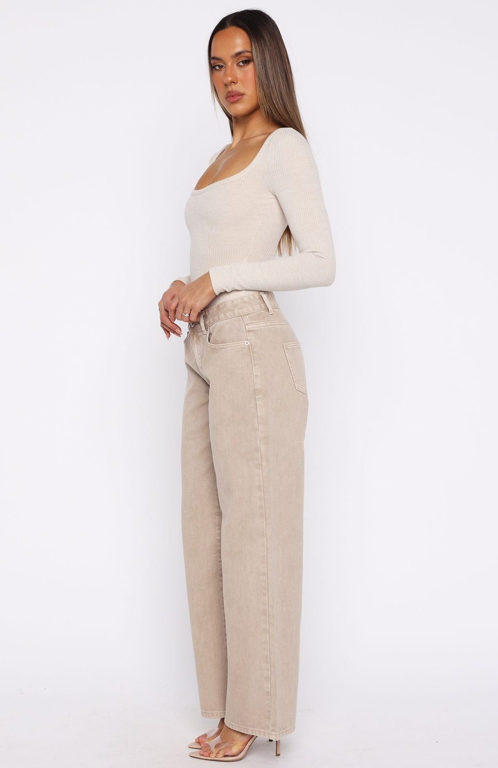 White Fox Bring The Style Low Rise Wide Leg Jeans Sesame Wash