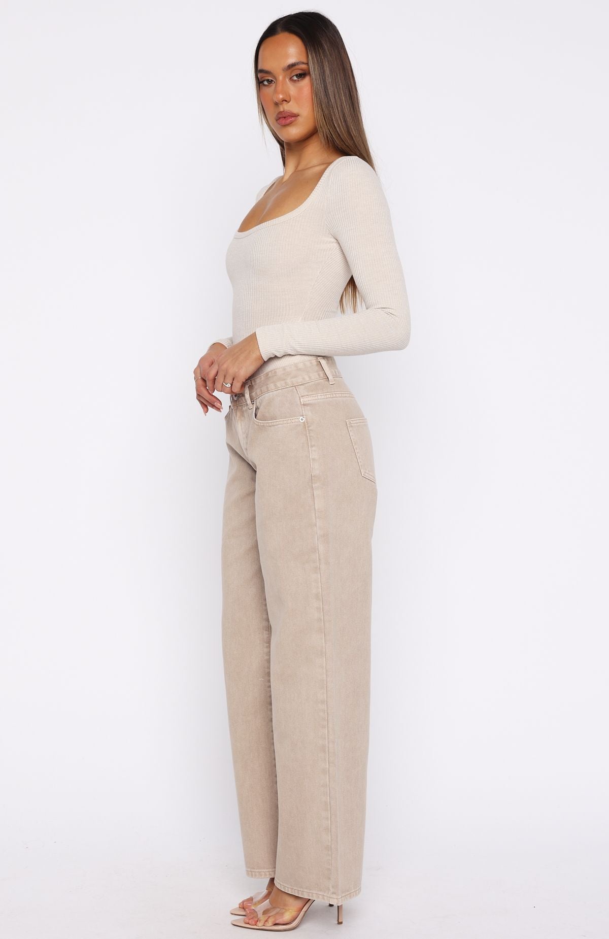 White Fox Bring The Style Low Rise Wide Leg Jeans Sesame Wash