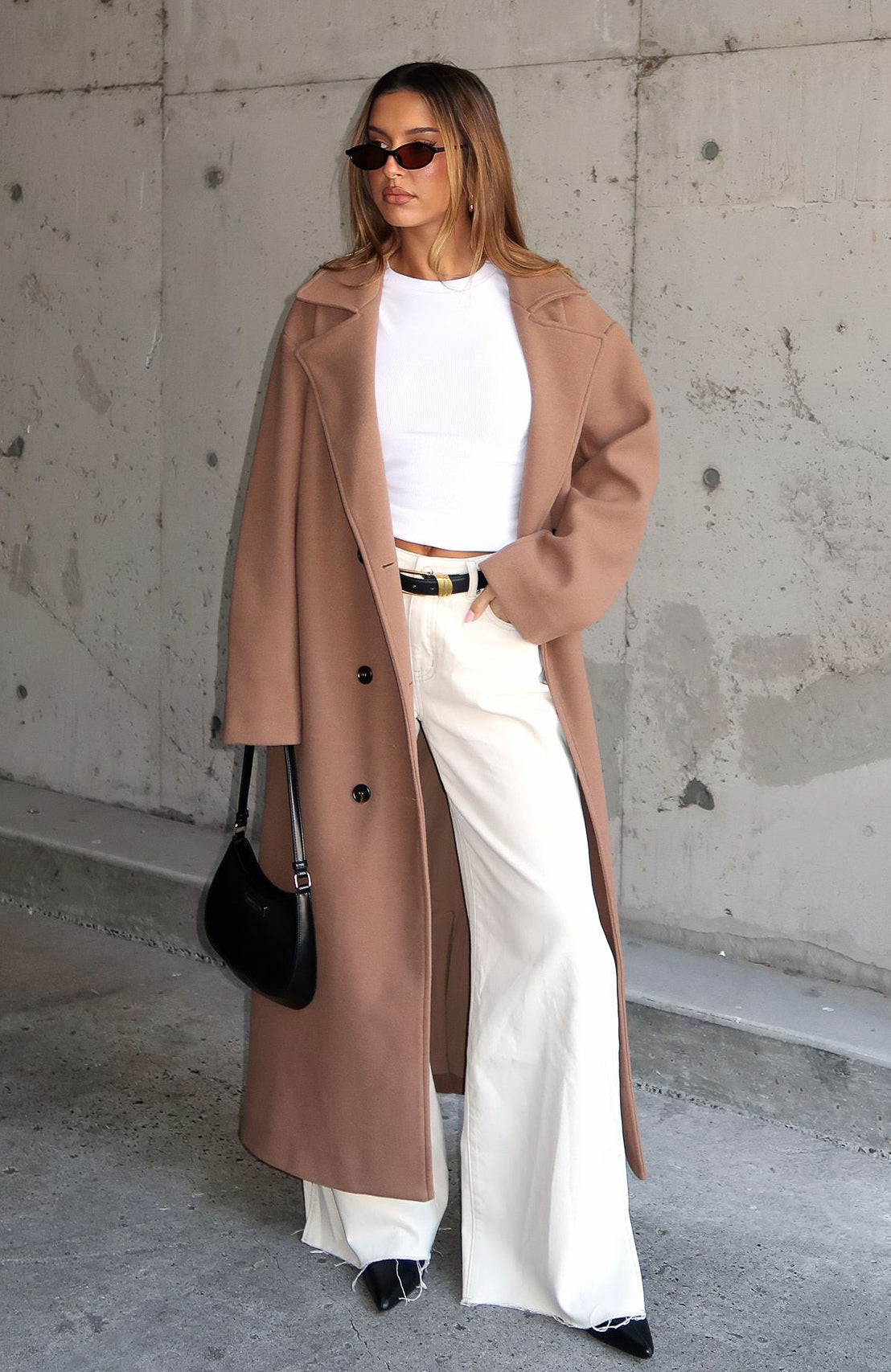 White Fox Modern Edge Oversized Coat Caramel