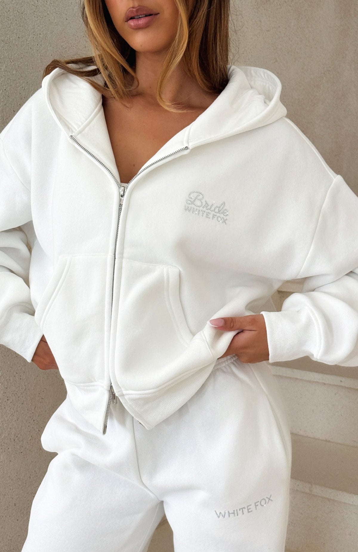 White Fox The Bride Boxy Zip Front Hoodie White