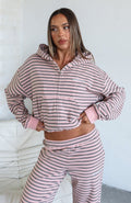 White Fox Looking Back Boxy Zip Front Hoodie Pink Stripe