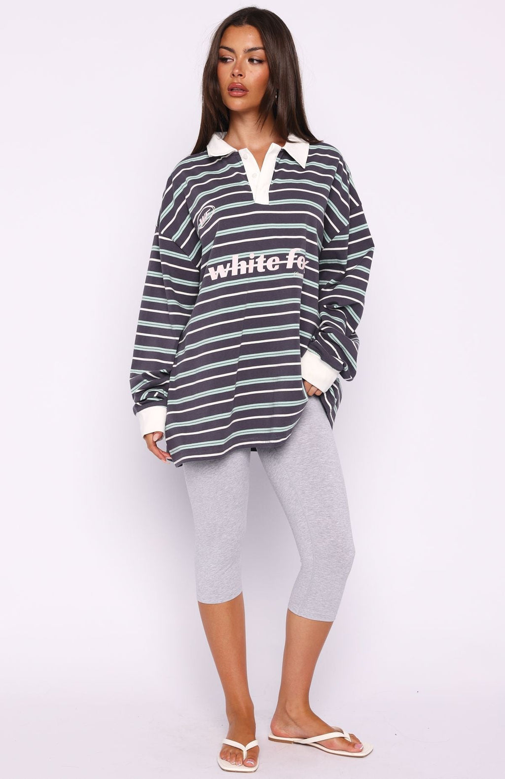 White Fox Gentle Affection Long Sleeve Rugby Shirt Grey/Mint Stripe