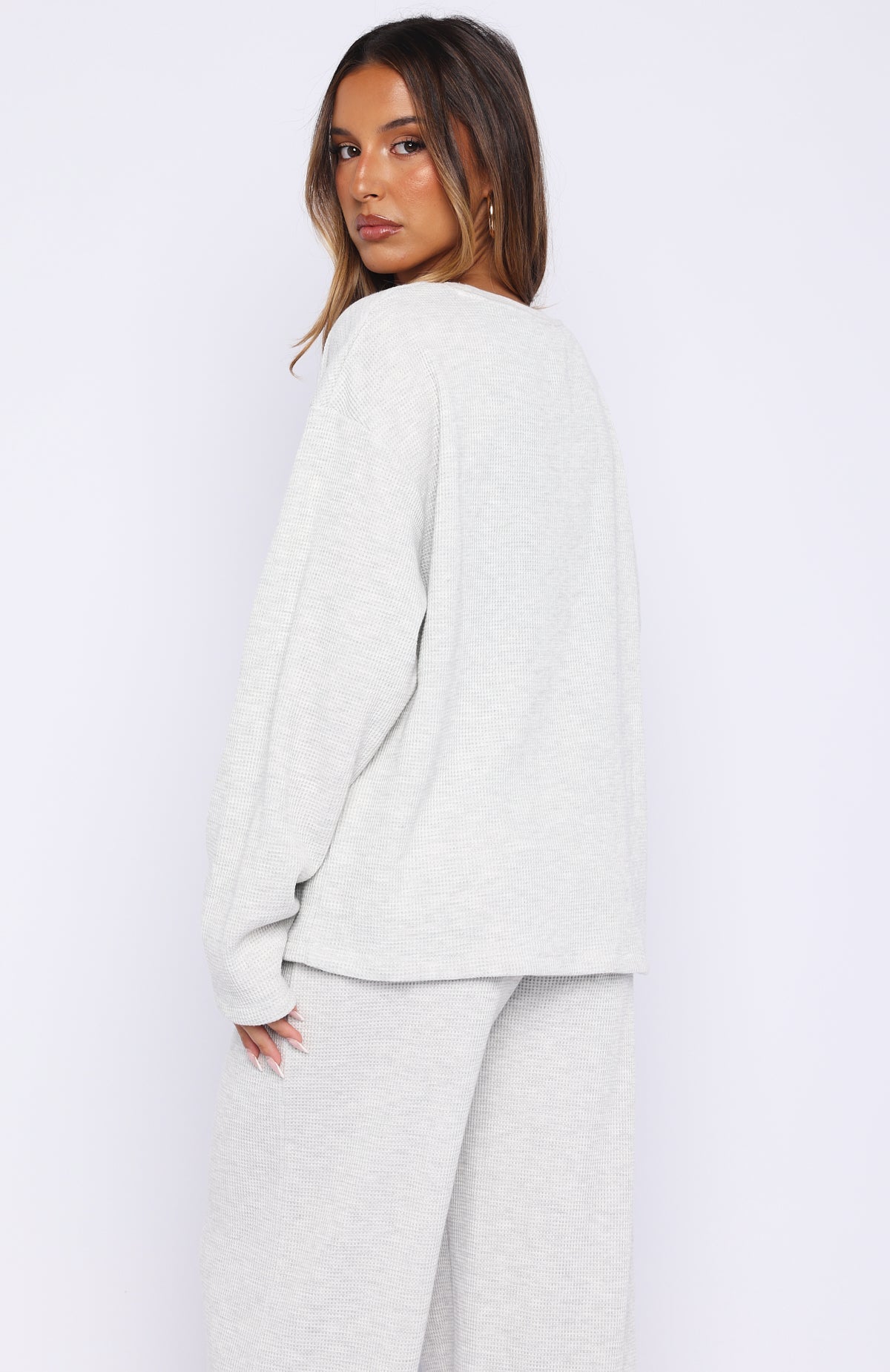 White Fox Leave Me Out Of It Waffle Oversized Long Sleeve Tee Grey Marle