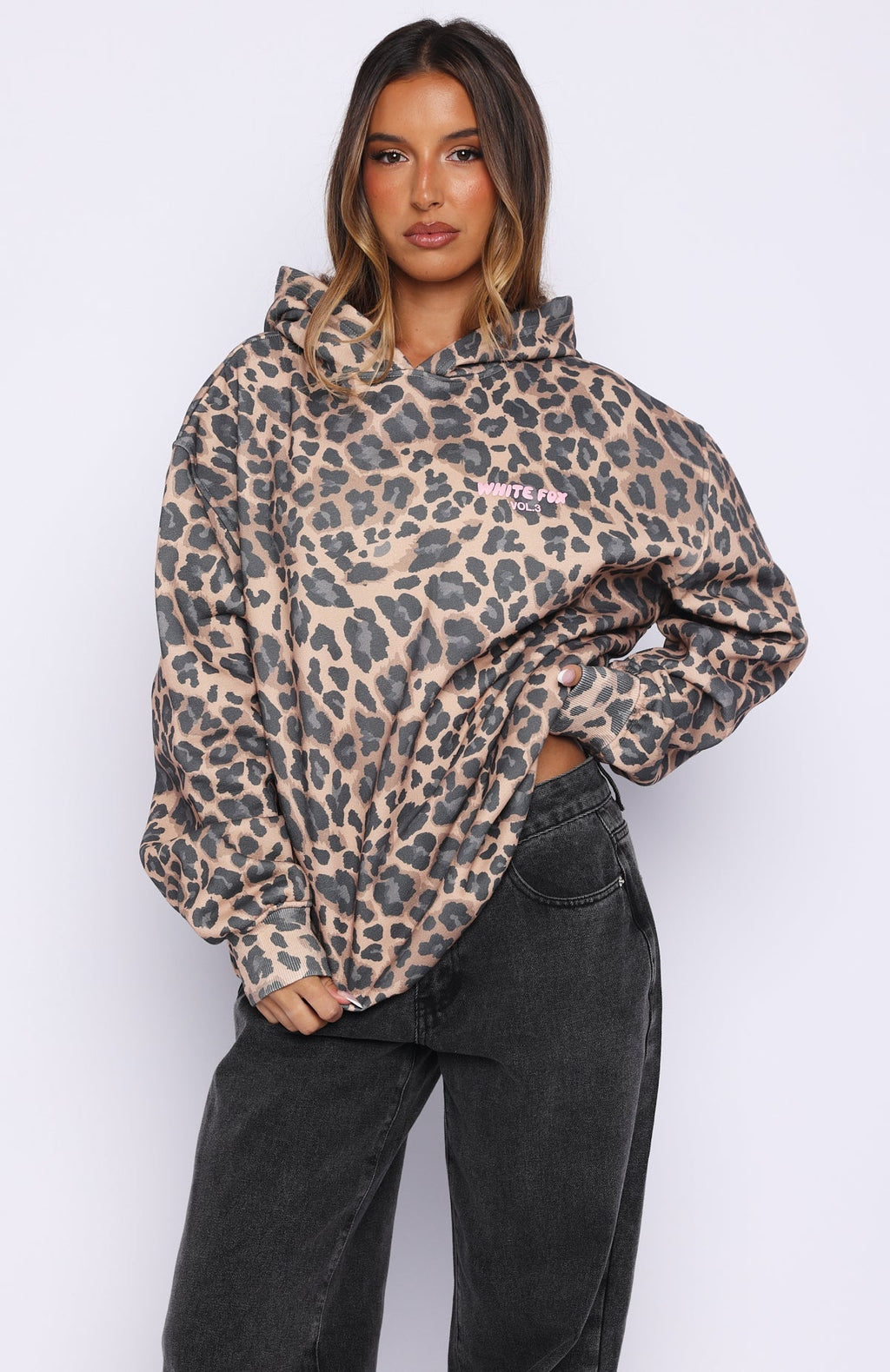 White Fox Offstage Printed Oversized Hoodie Dark Leopard