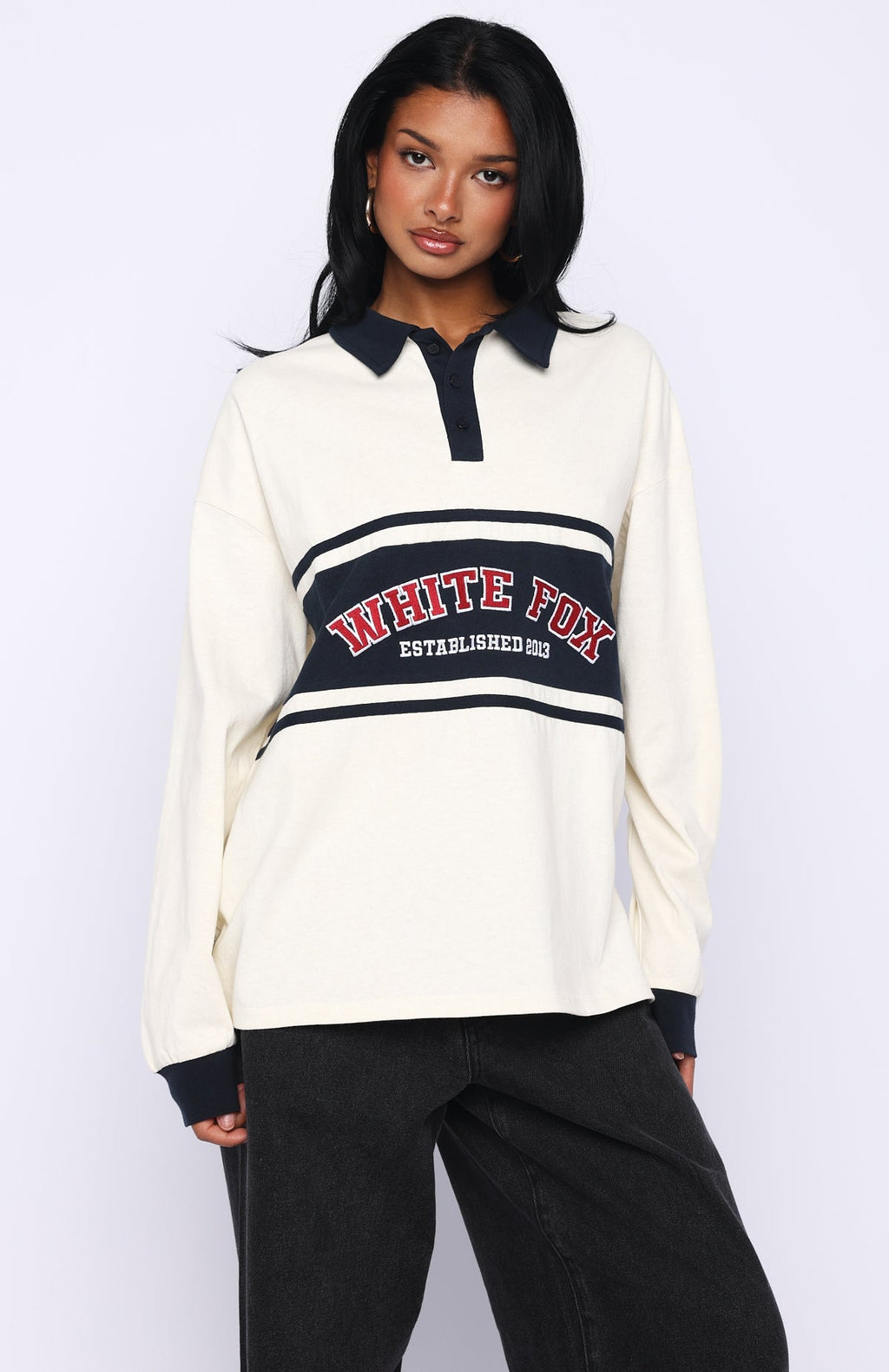 White Fox Meeting Friends Long Sleeve Rugby Shirt Cream