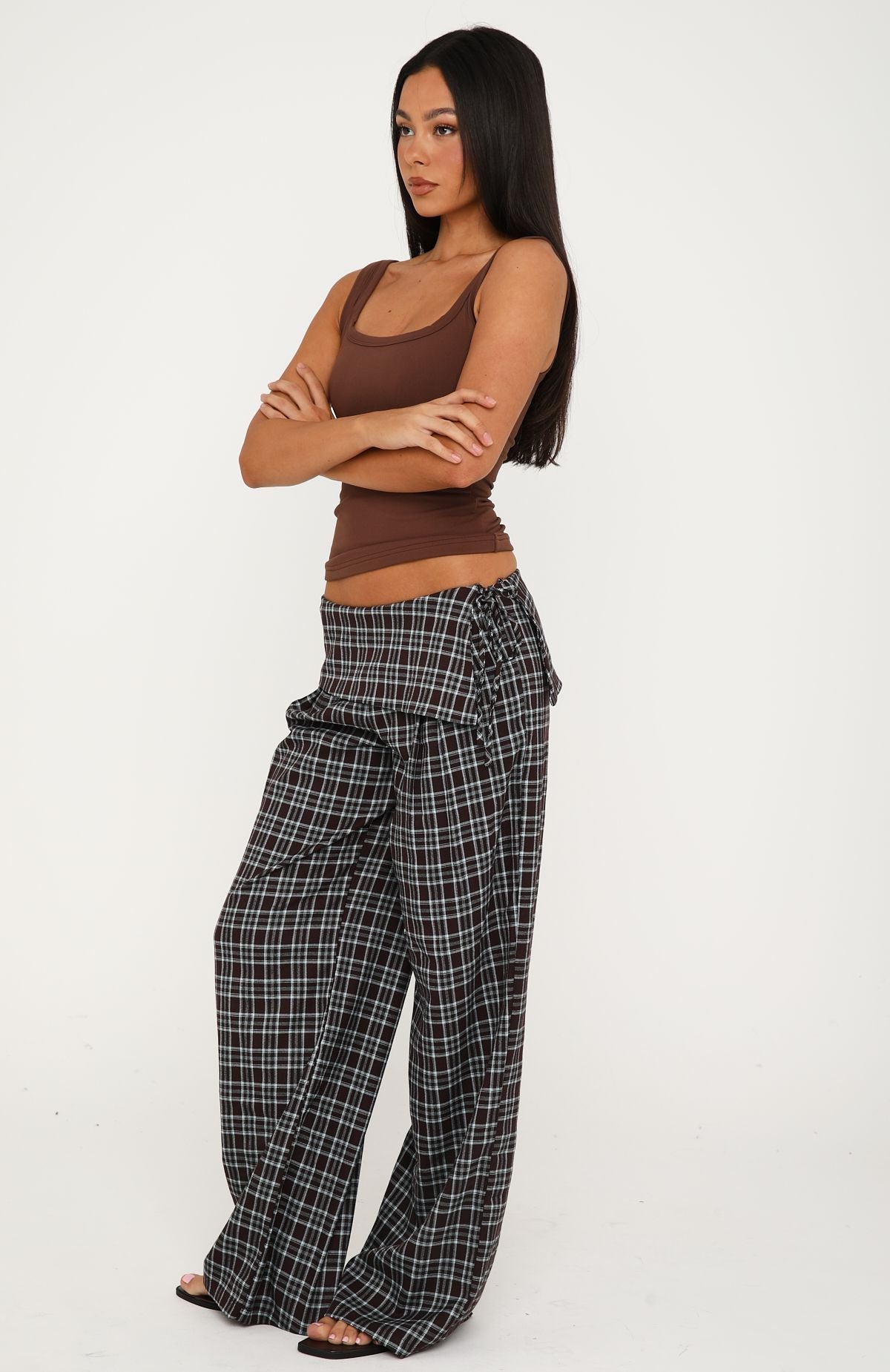 White Fox Where You Hold Me Pants Chocolate/Blue Plaid