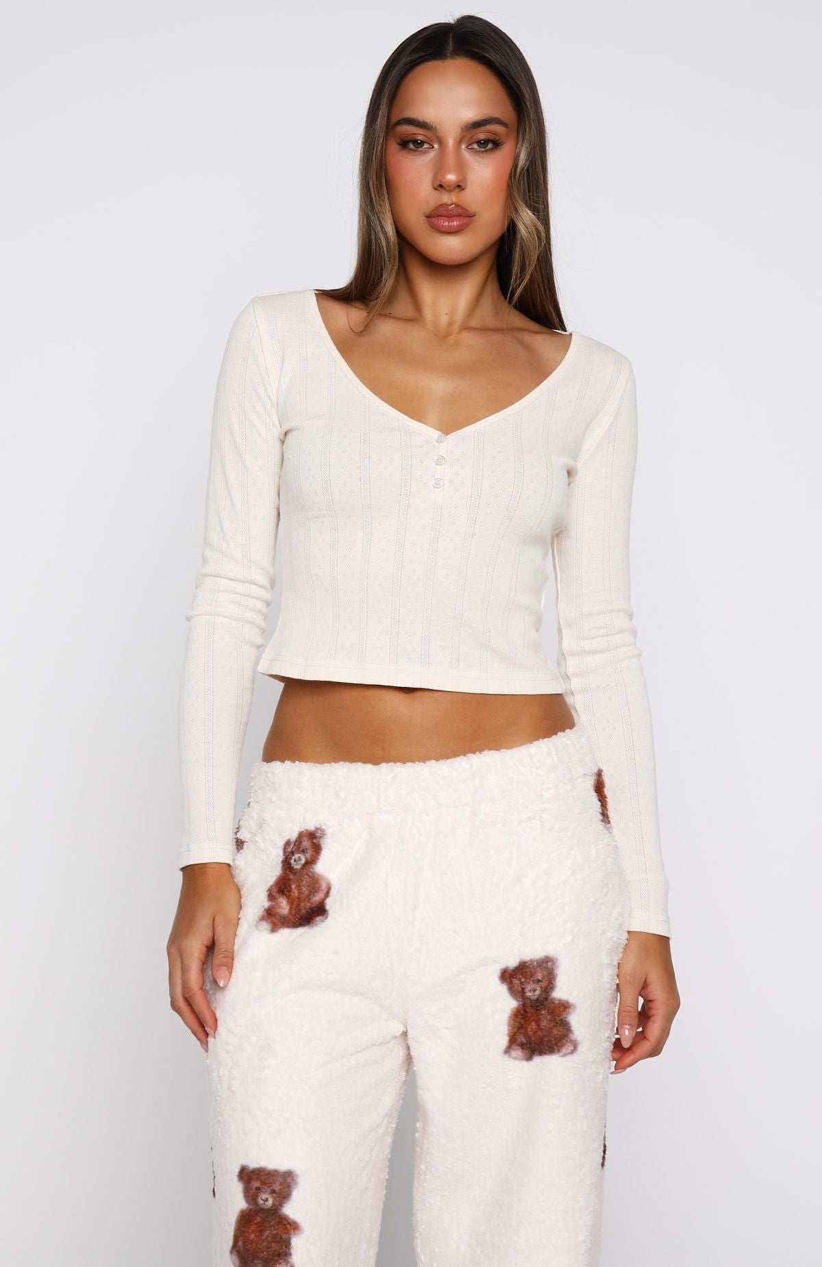 White Fox Bedtime Glow Long Sleeve Pyjama Top Cream