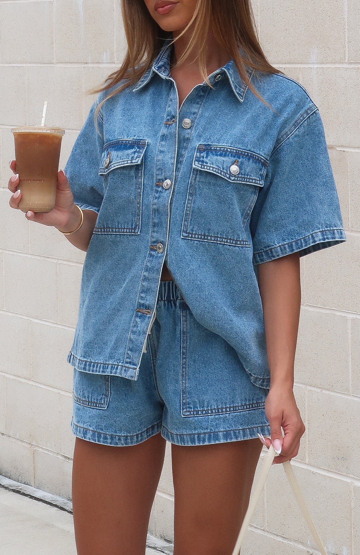 White Fox Denim Daydream Button Up Shirt Mid Blue