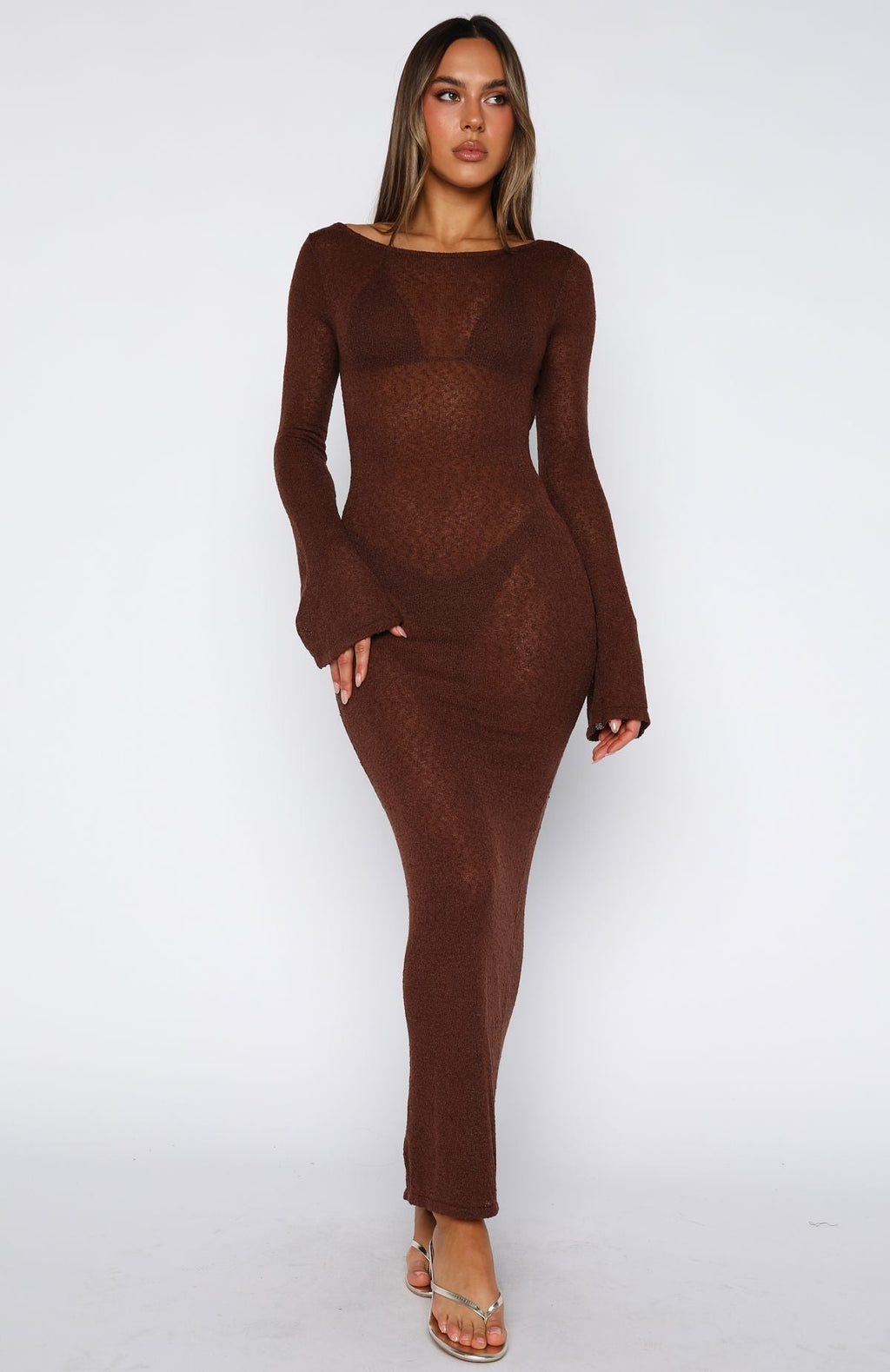 White Fox Malta Mermaids Long Sleeve Maxi Dress Chocolate