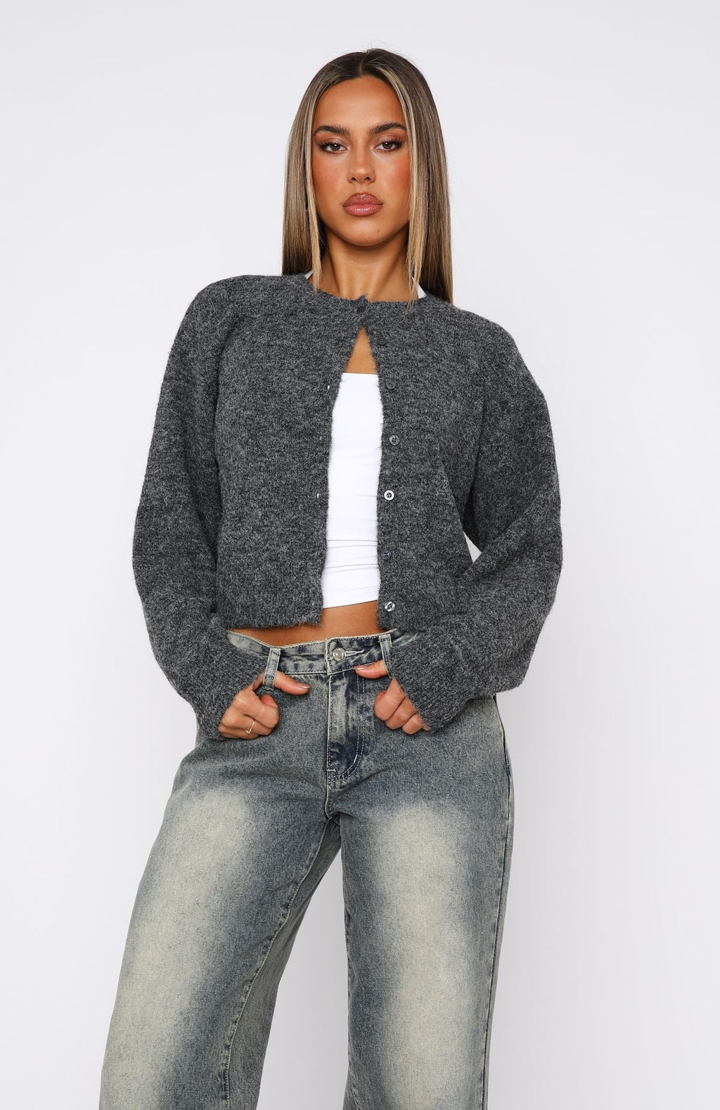 White Fox Warm Whispers Knit Cardigan Charcoal