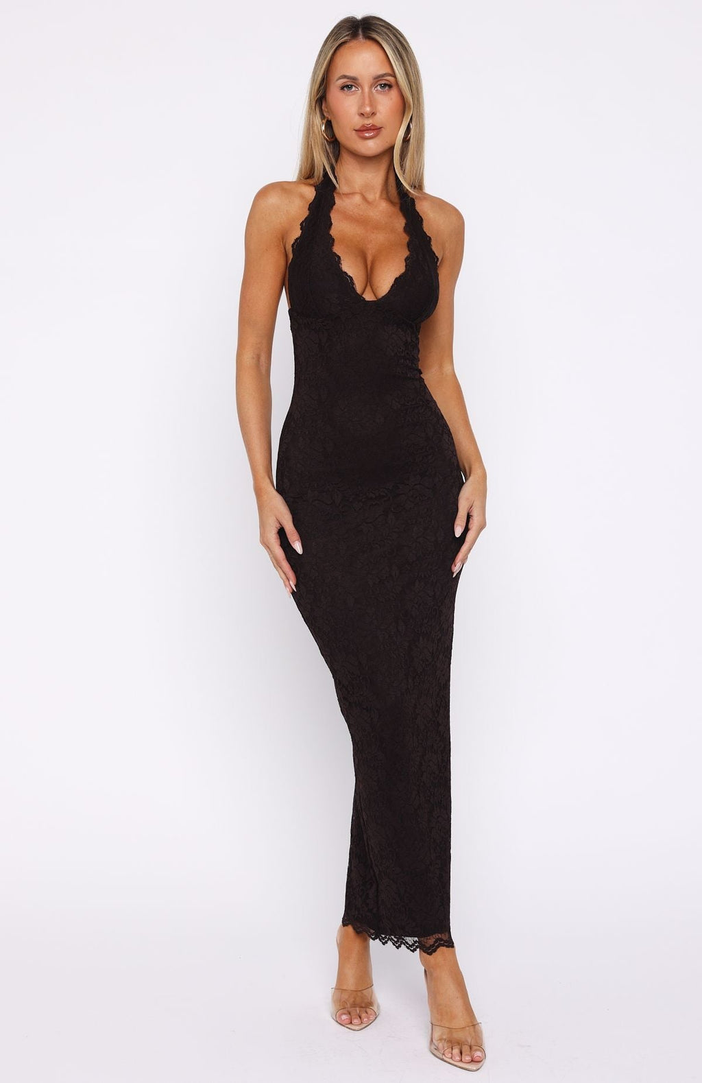 White Fox Destiny Lace Maxi Dress Chocolate