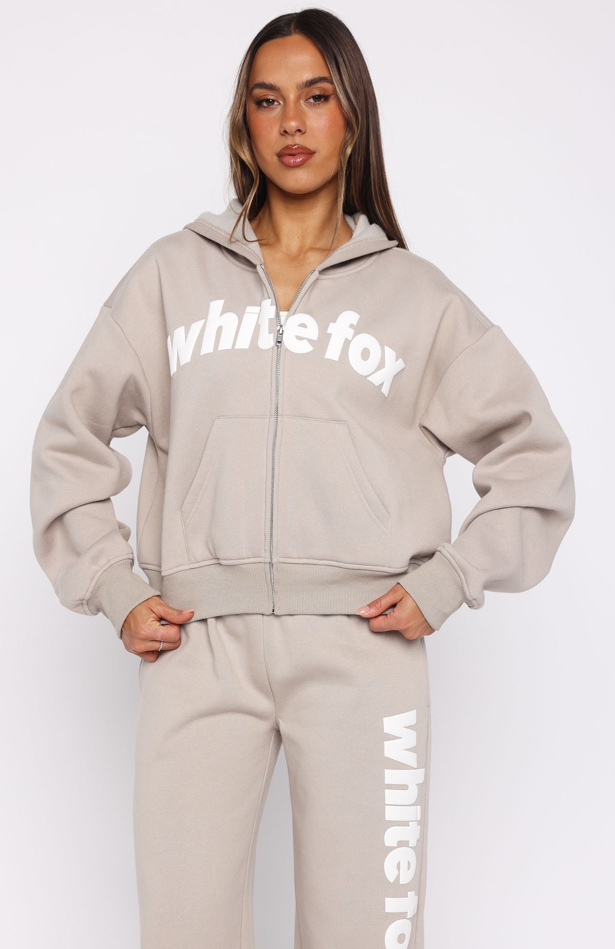 White Fox From The Archives Kenzie Boxy Zip Front Hoodie Moon