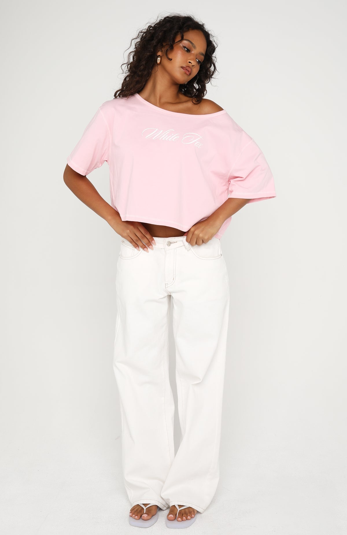 White Fox Need More Time Off Shoulder Oversized Tee Pink