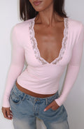 White Fox Knew That All Along Lace Trim Long Sleeve Top Baby Pink