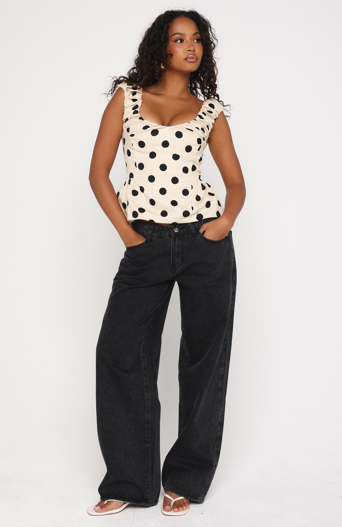 White Fox Looking Like Forever Top Cream/Black Polka Dot