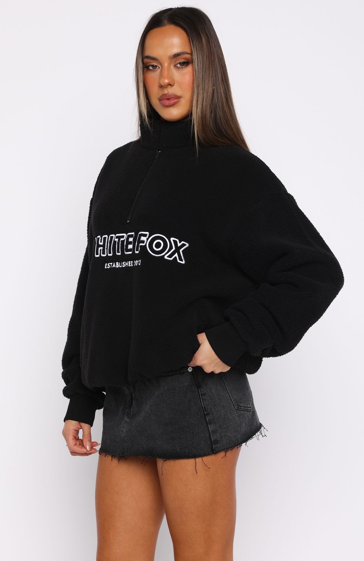 White Fox Hard To Stay Focused Teddy Borg Zip Front Sweater Black