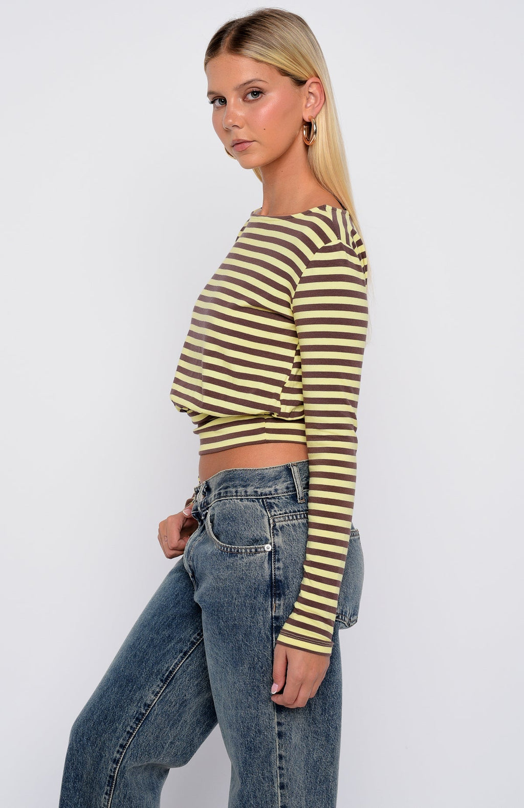 White Fox Catch My Heart Cinched Waist Long Sleeve Top Chocolate/Banana Stripe