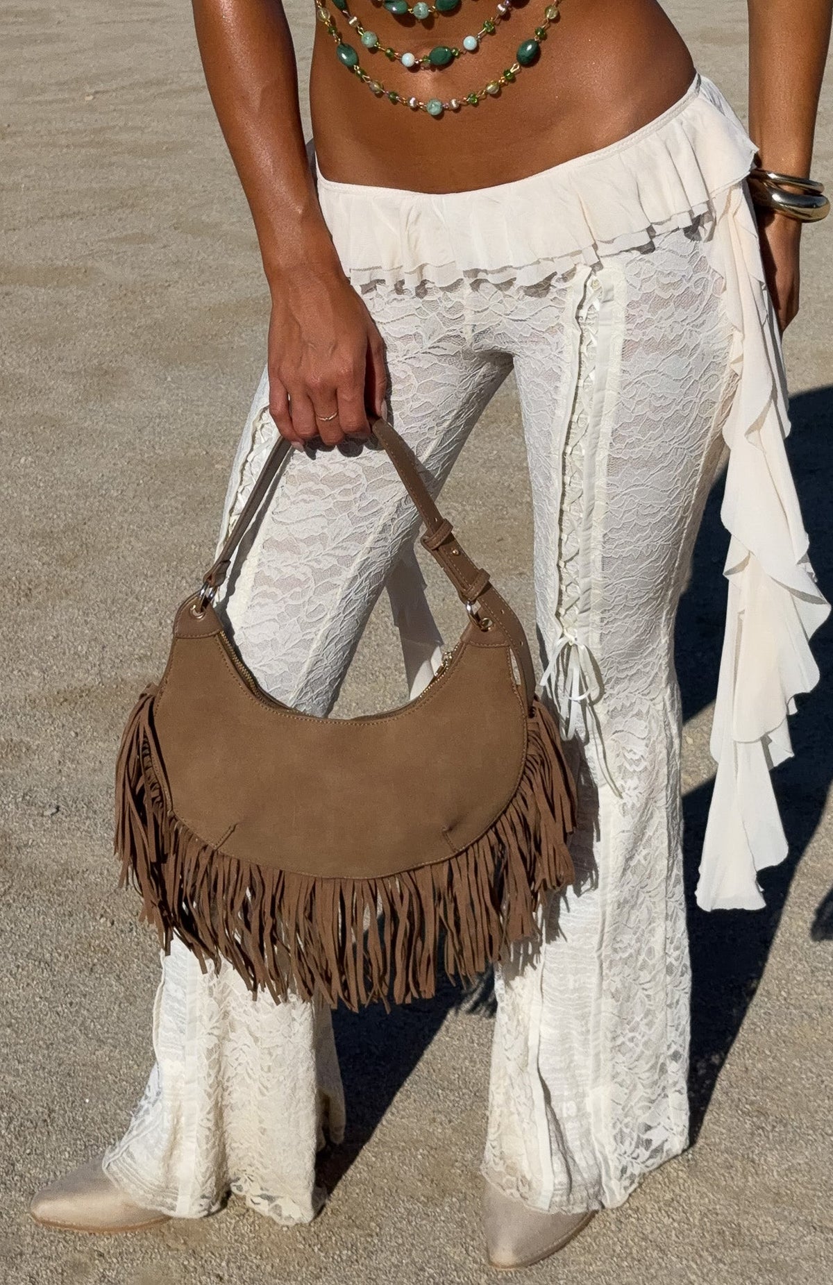 White Fox Wells Shoulder Bag Taupe Faux Suede