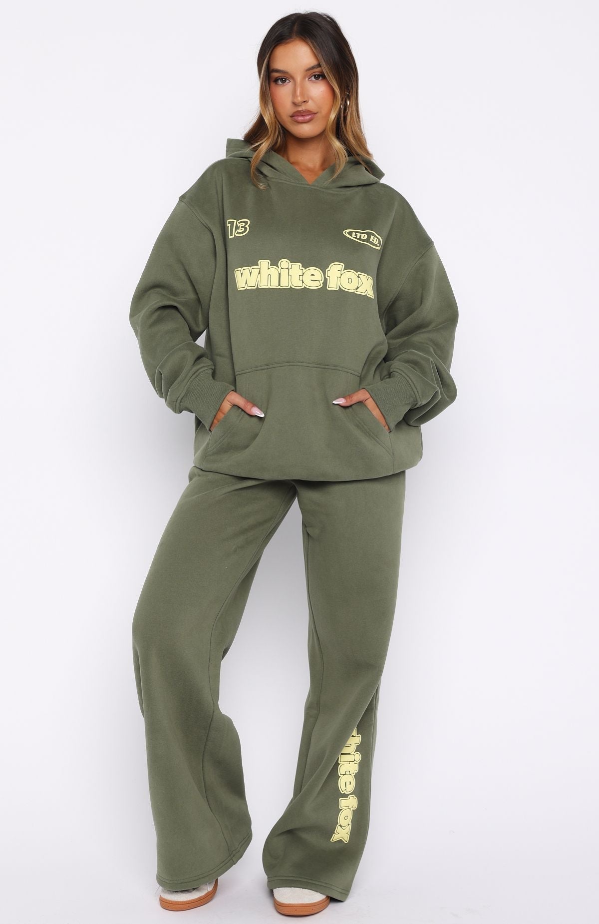 White Fox Ready To Go Oversized Hoodie Khaki