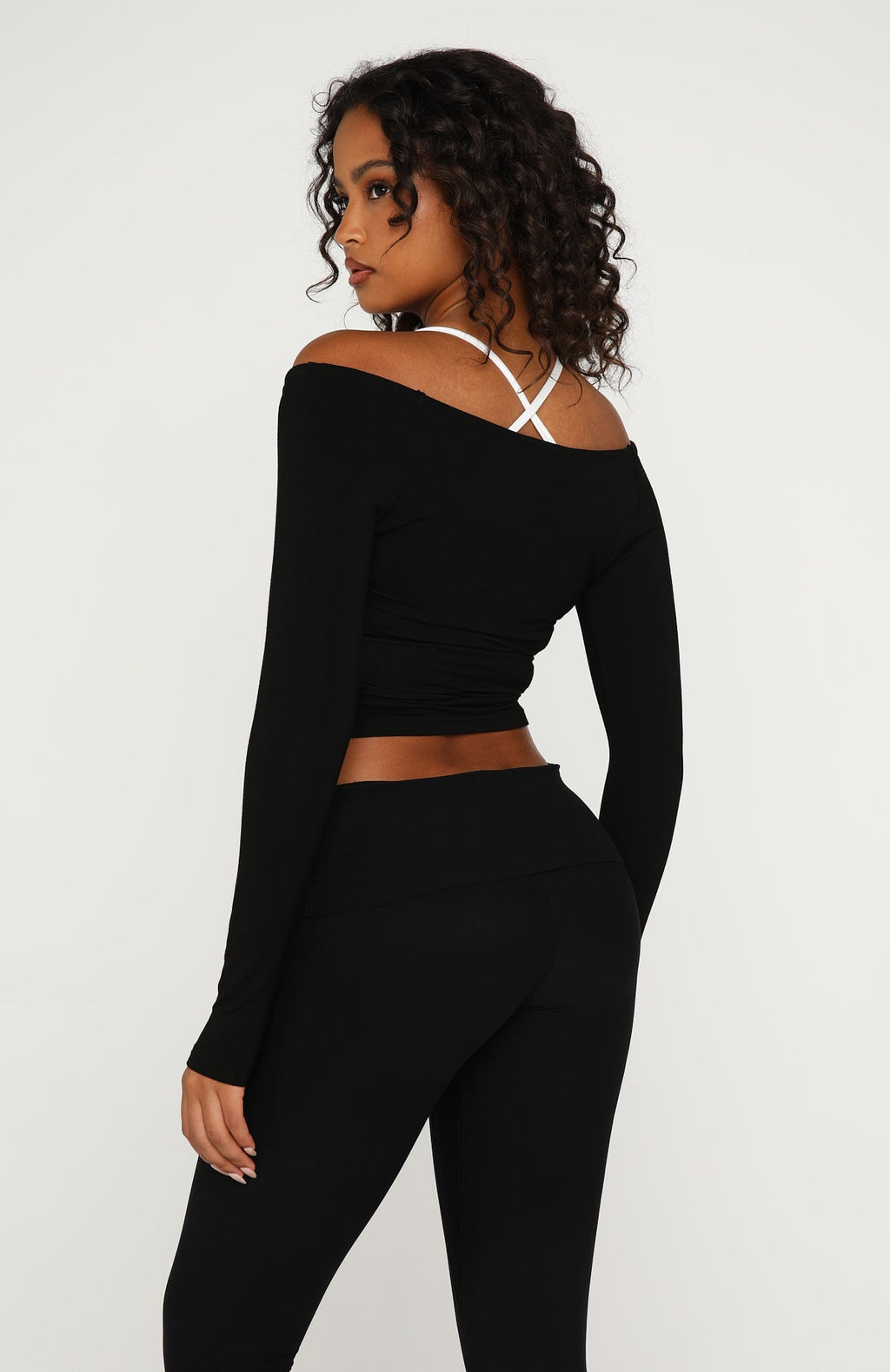 White Fox Power Princess Off Shoulder Long Sleeve Top Black